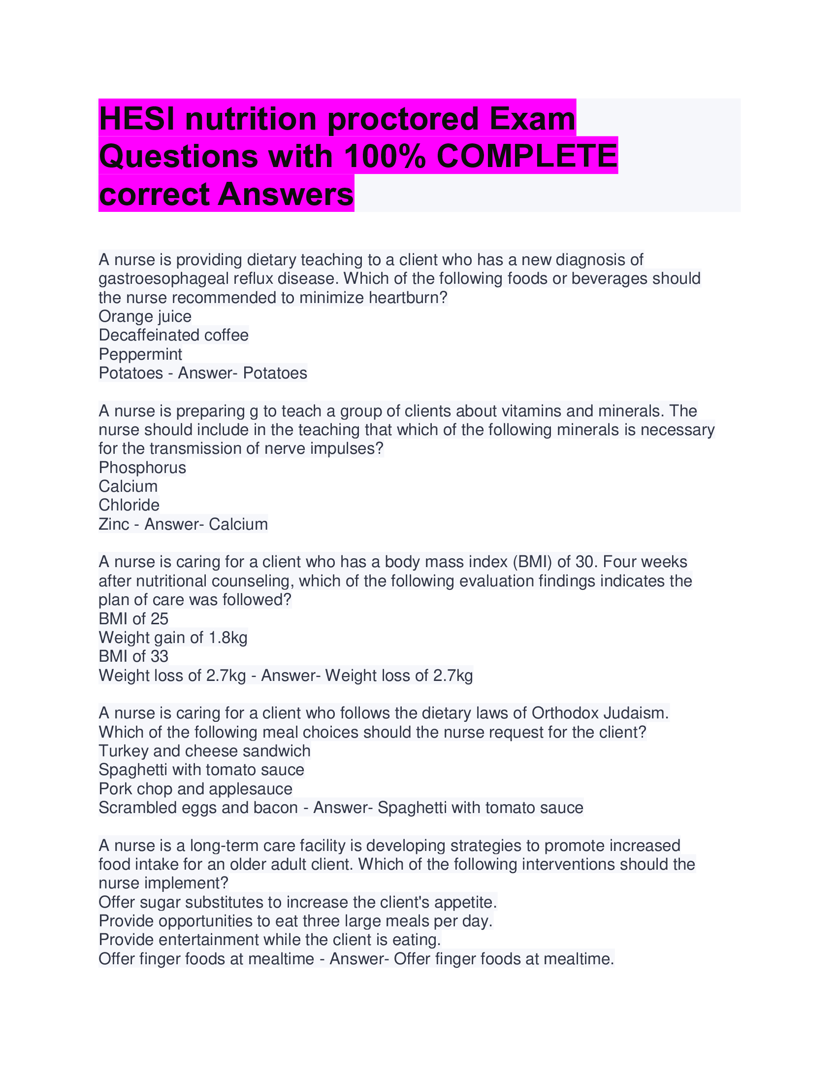 BEST ANSWERS HESI nutrition proctored Exam  Questions with 100 percent COMPLETE correct Answers