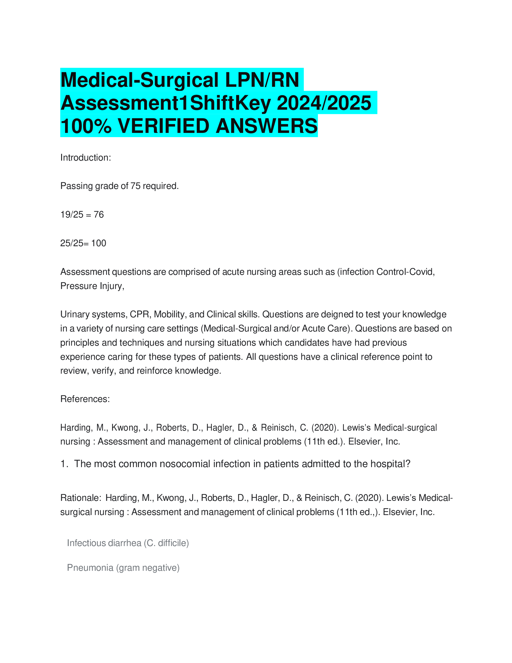 Medical-Surgical LPNRN Assessment1ShiftKey 20242026  VERIFIED ANSWERS
