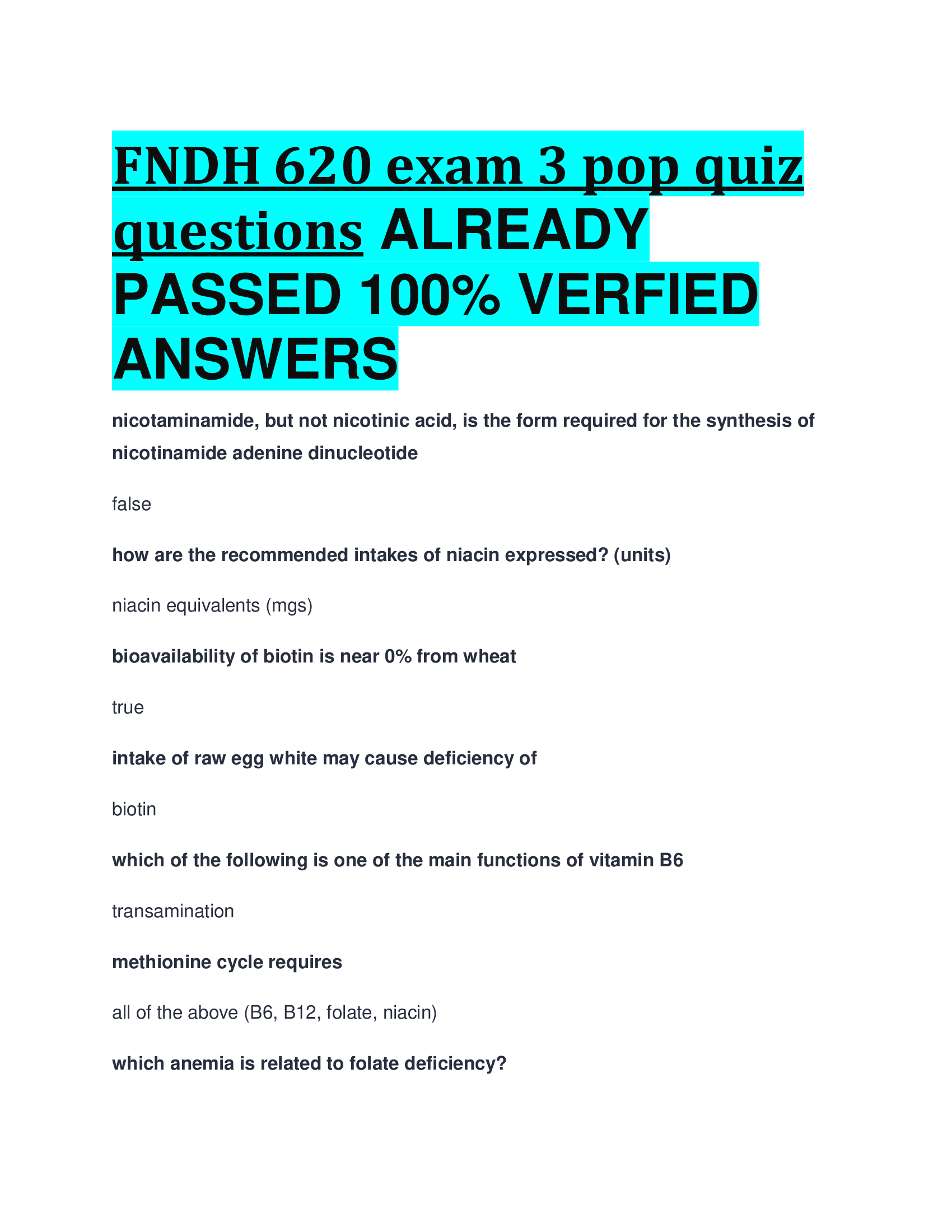 FNDH 620 exam 3 pop quiz questions ALREADY  PASSED VERFIED  ANSWERS