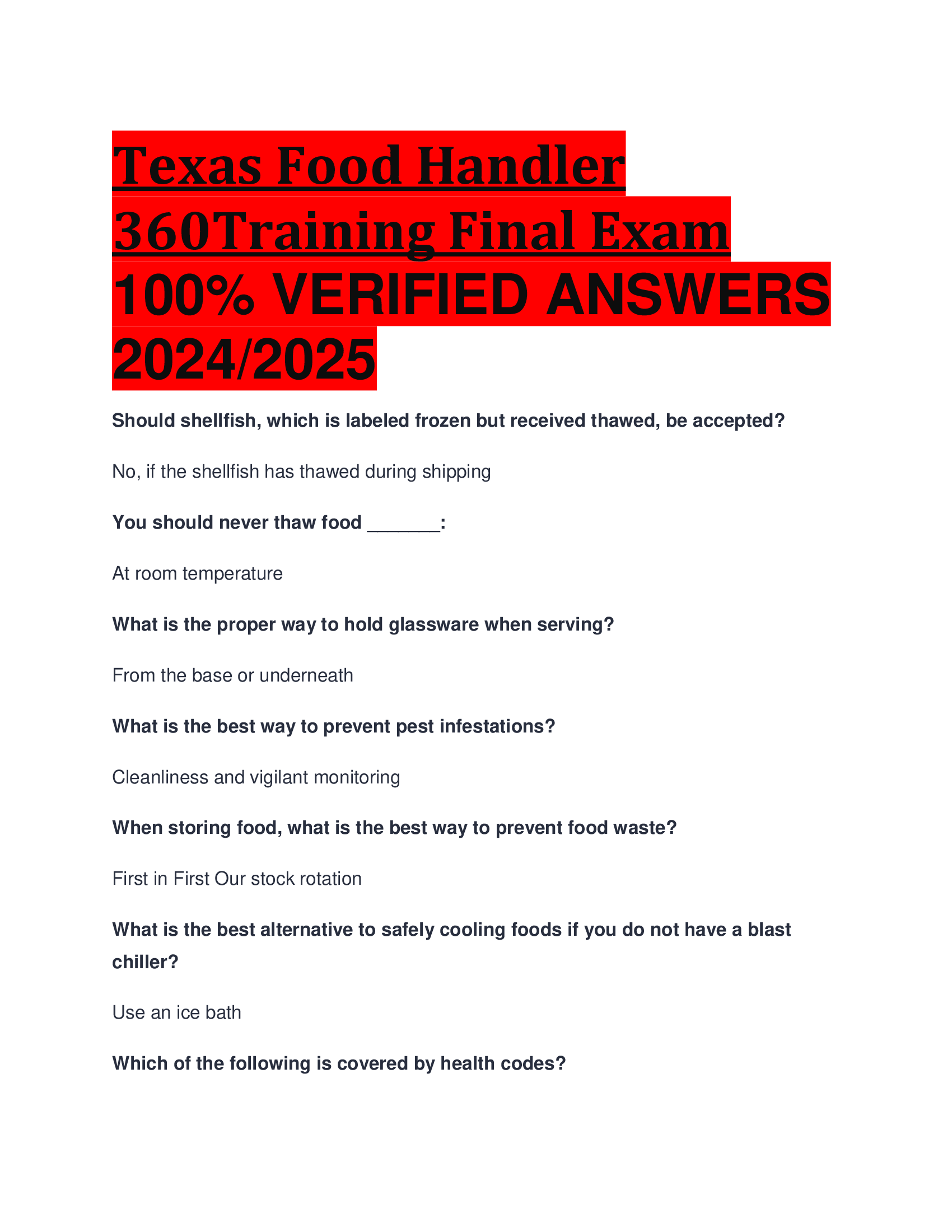 Texas Food Handler 360Training Final Exam VERIFIED ANSWERS  2024, 2026