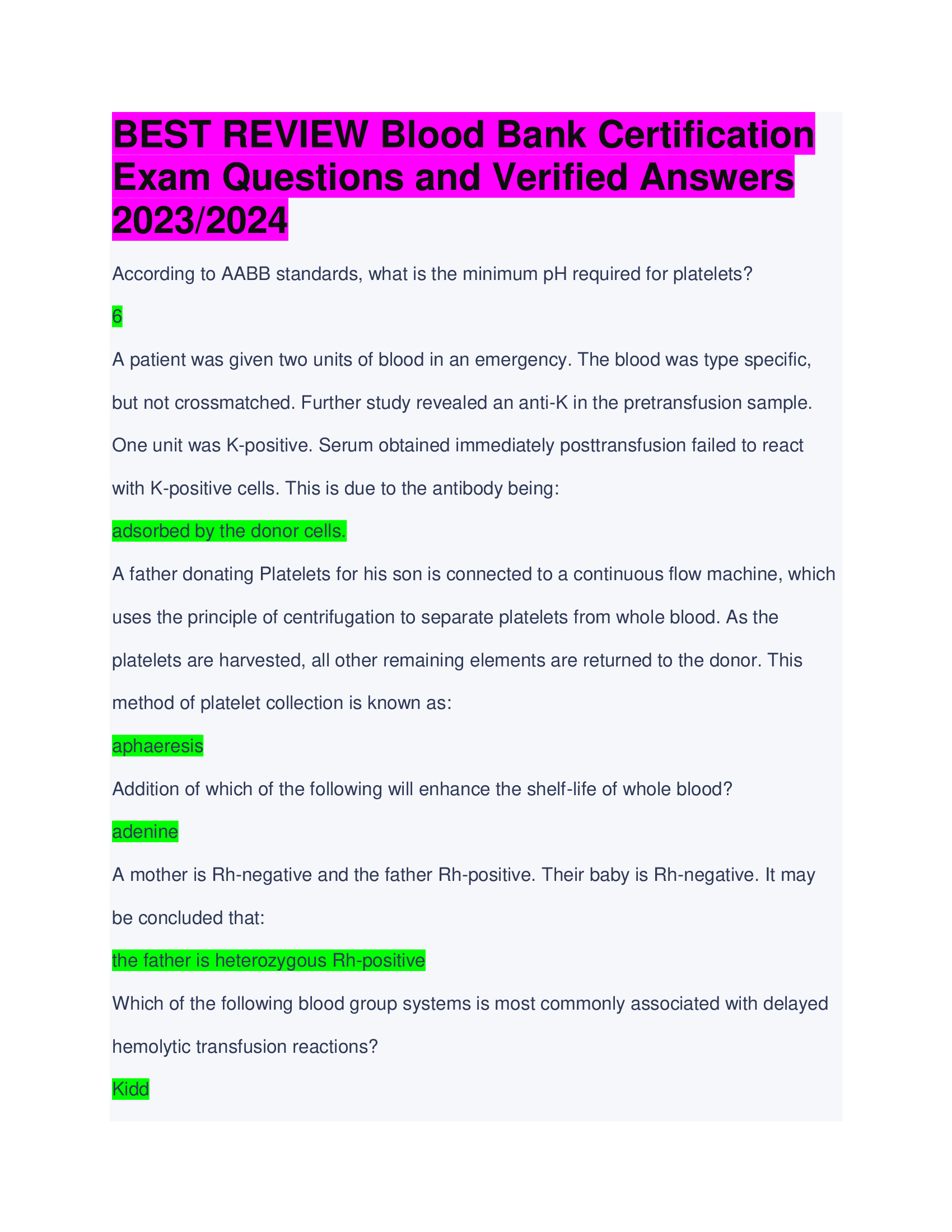 BEST REVIEW Blood Bank Certification  Exam Questions and Verified Answers  2023,2024