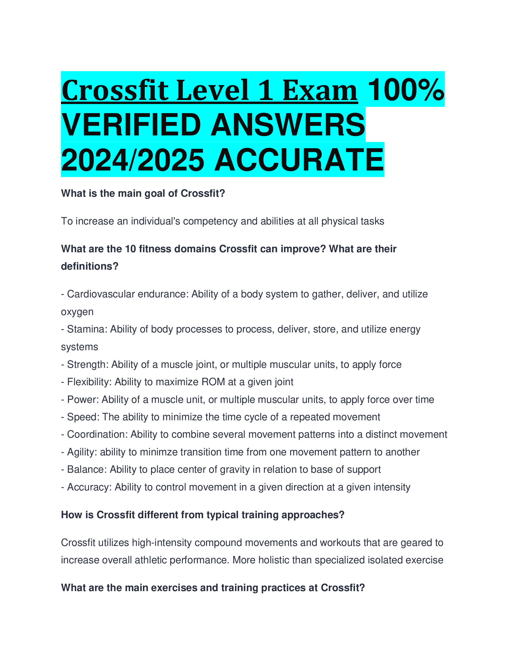 Crossfit Level 1 Exam VERIFIED ANSWERS  20242026 ACCURATE