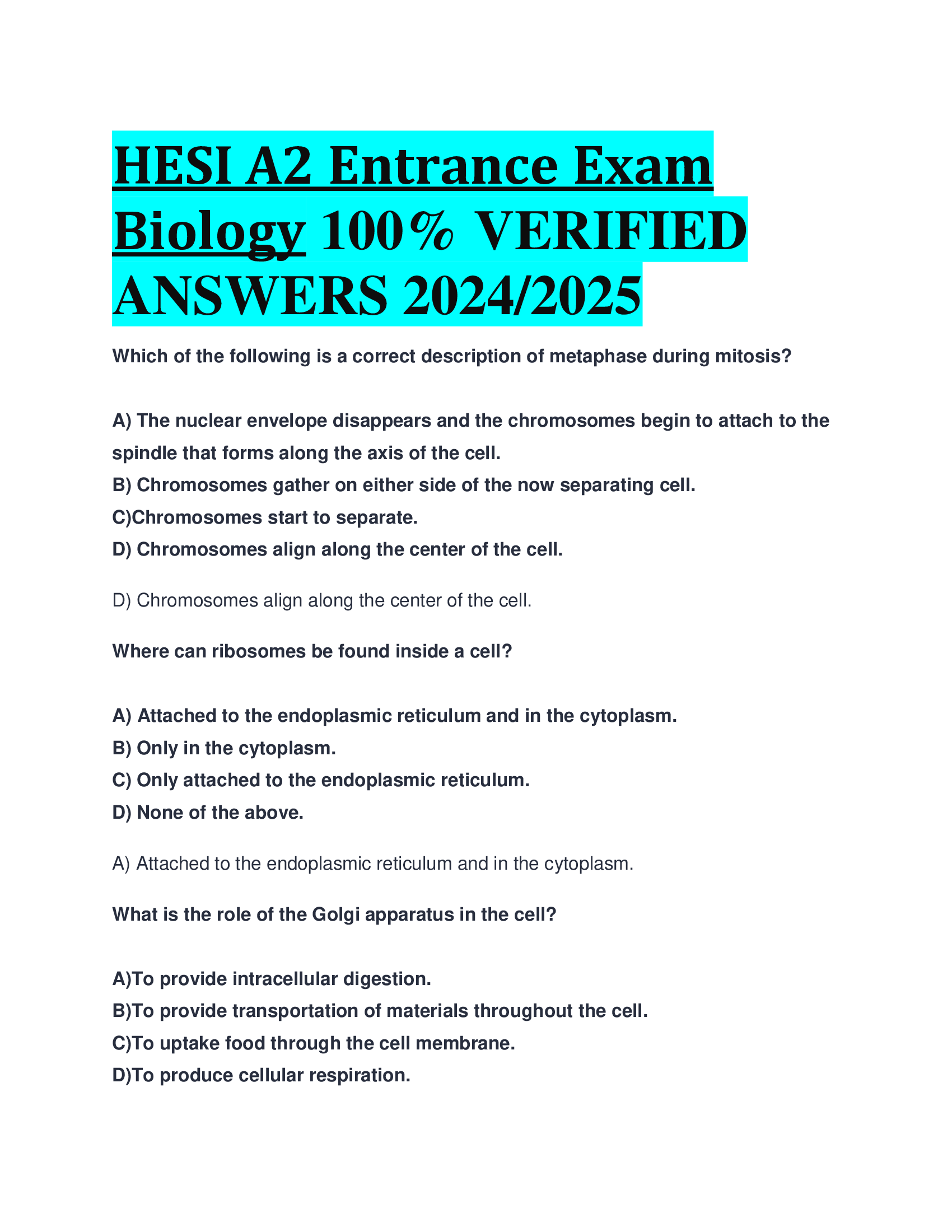 HESI A2 Entrance Exam Biology VERIFIED  ANSWERS 20242026