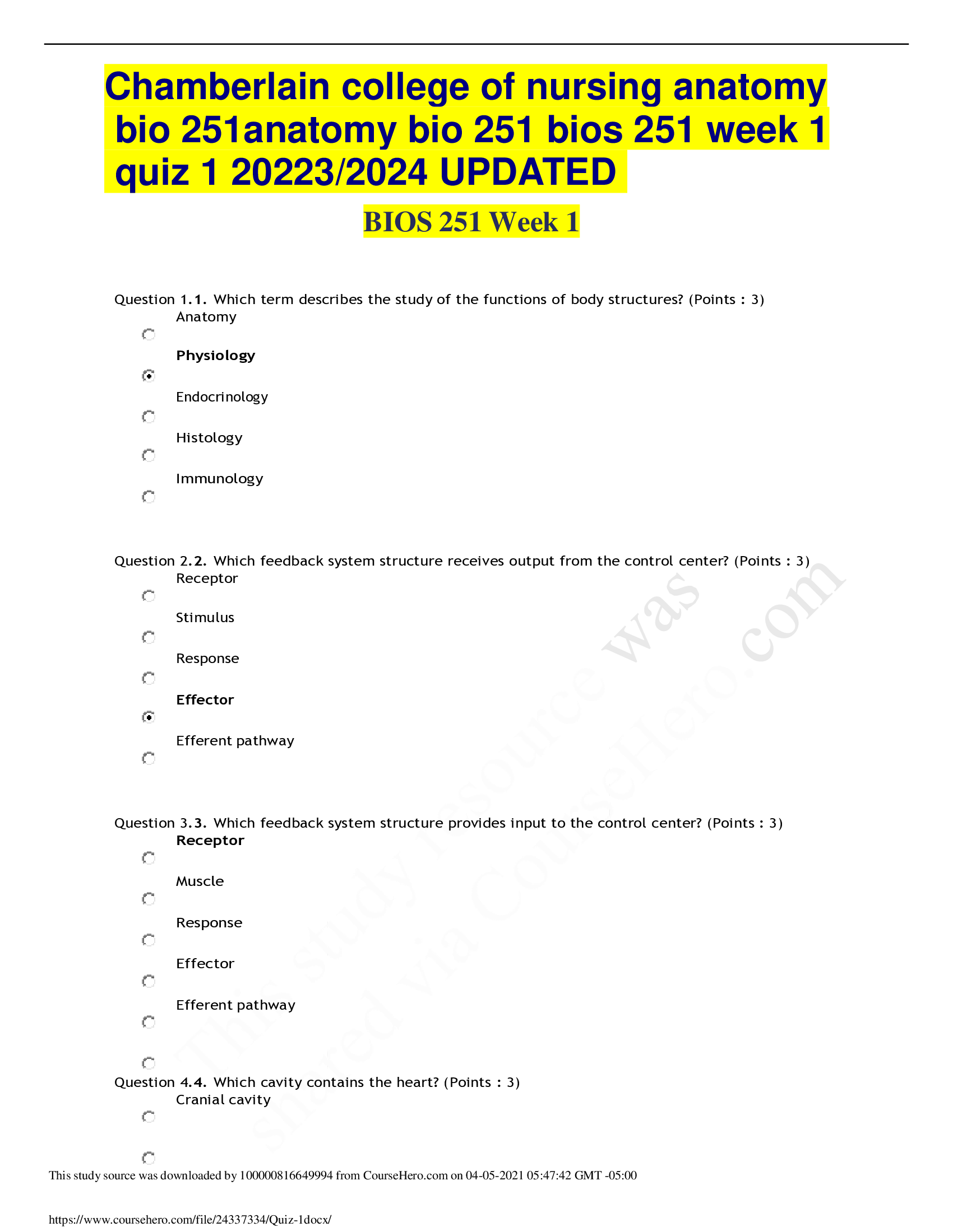 Chamberlain college of nursing anatomy bio 251anatomy bio 251 bios 251 week 1 quiz 1 2023,2024 UPDATED  BIOS 251 Week 1