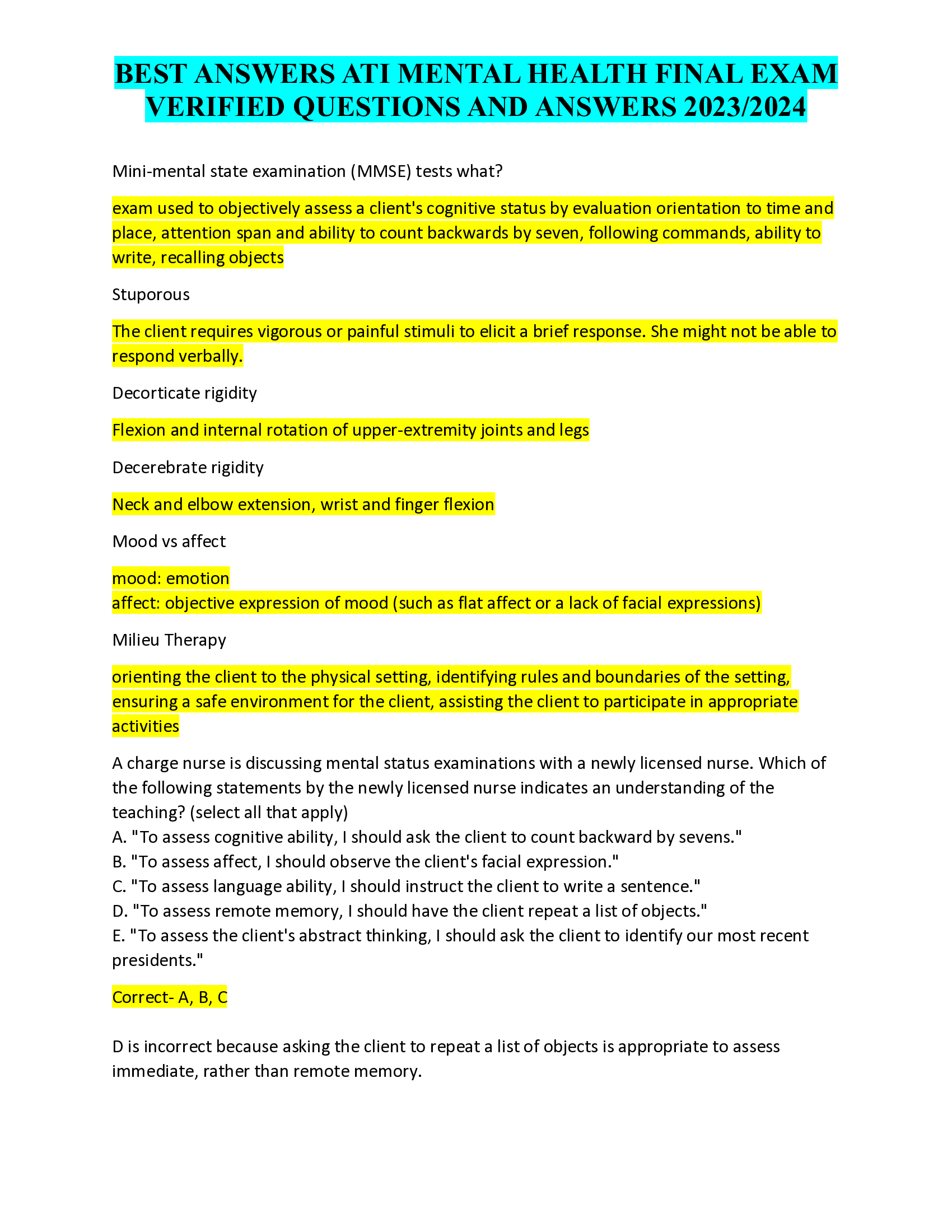 BEST ANSWERS ATI MENTAL HEALTH FINAL EXAM  VERIFIED QUESTIONS AND ANSWERS 2023,2024