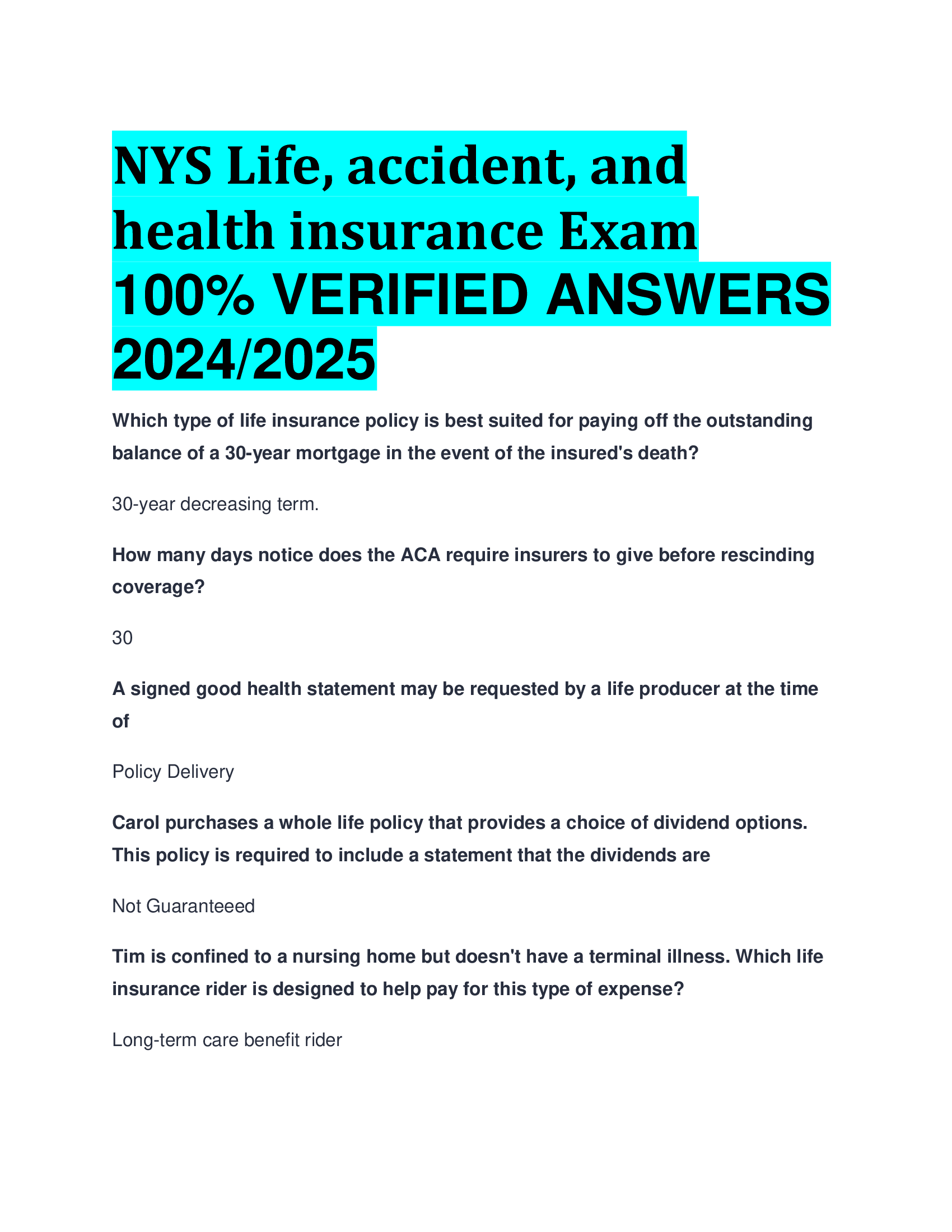 NYS Life, accident, and health insurance Exam VERIFIED ANSWERS  20242026