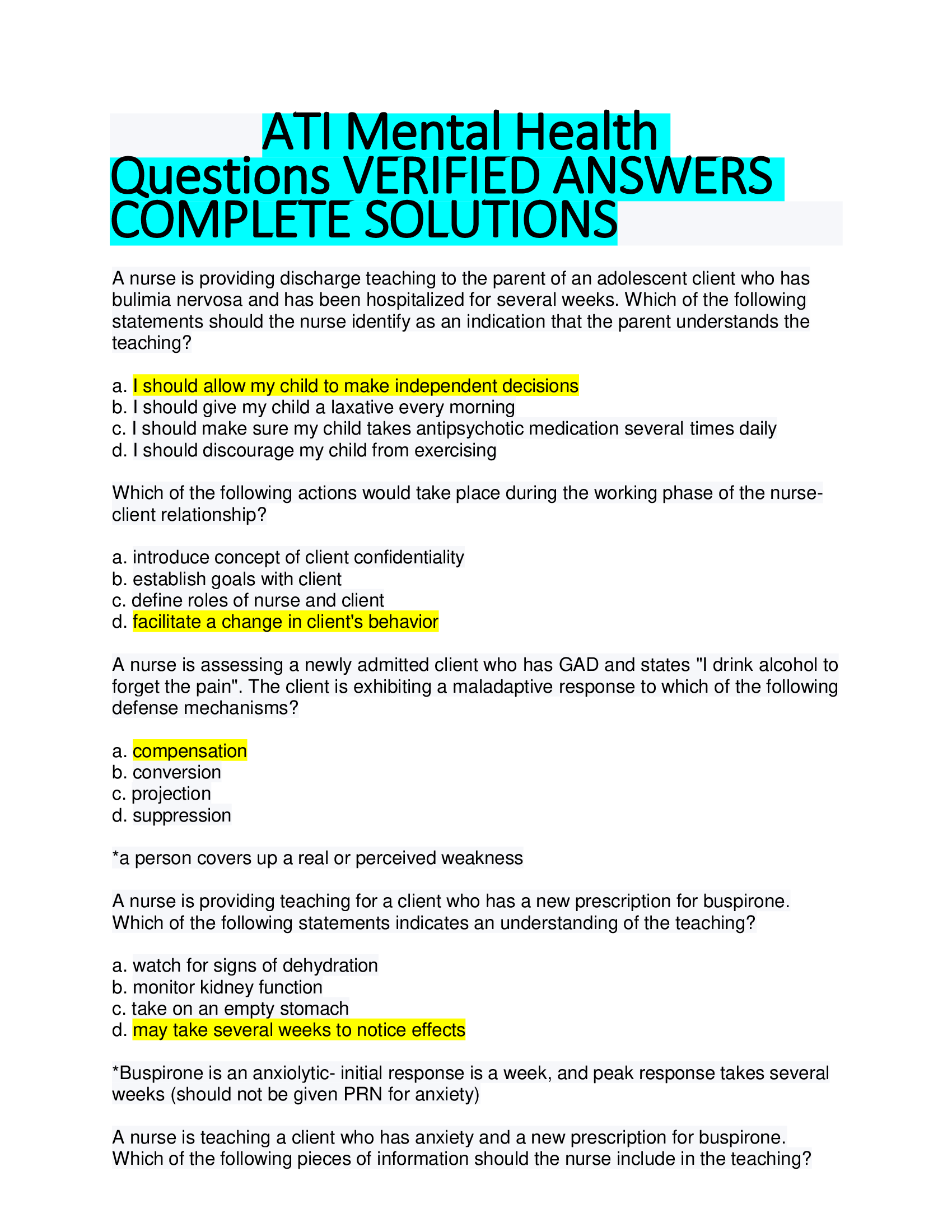 ATI Mental Health  Questions VERIFIED ANSWERS  COMPLETE SOLUTIONS