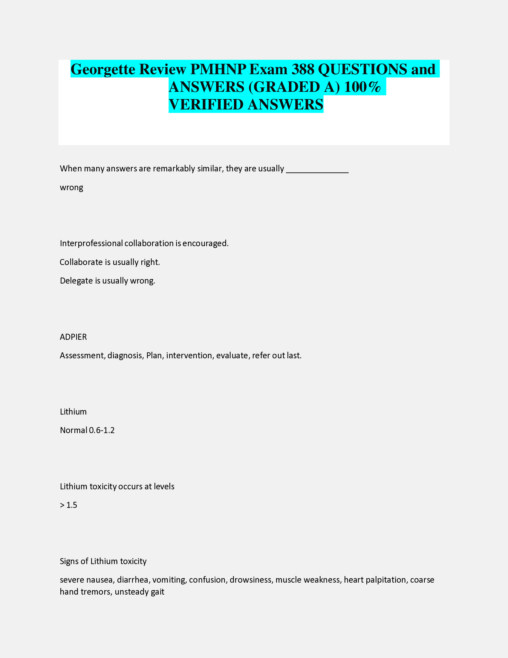 Georgette Review PMHNP Exam 388 QUESTIONS and  ANSWERS (GRADED A) VERIFIED ANSWERS