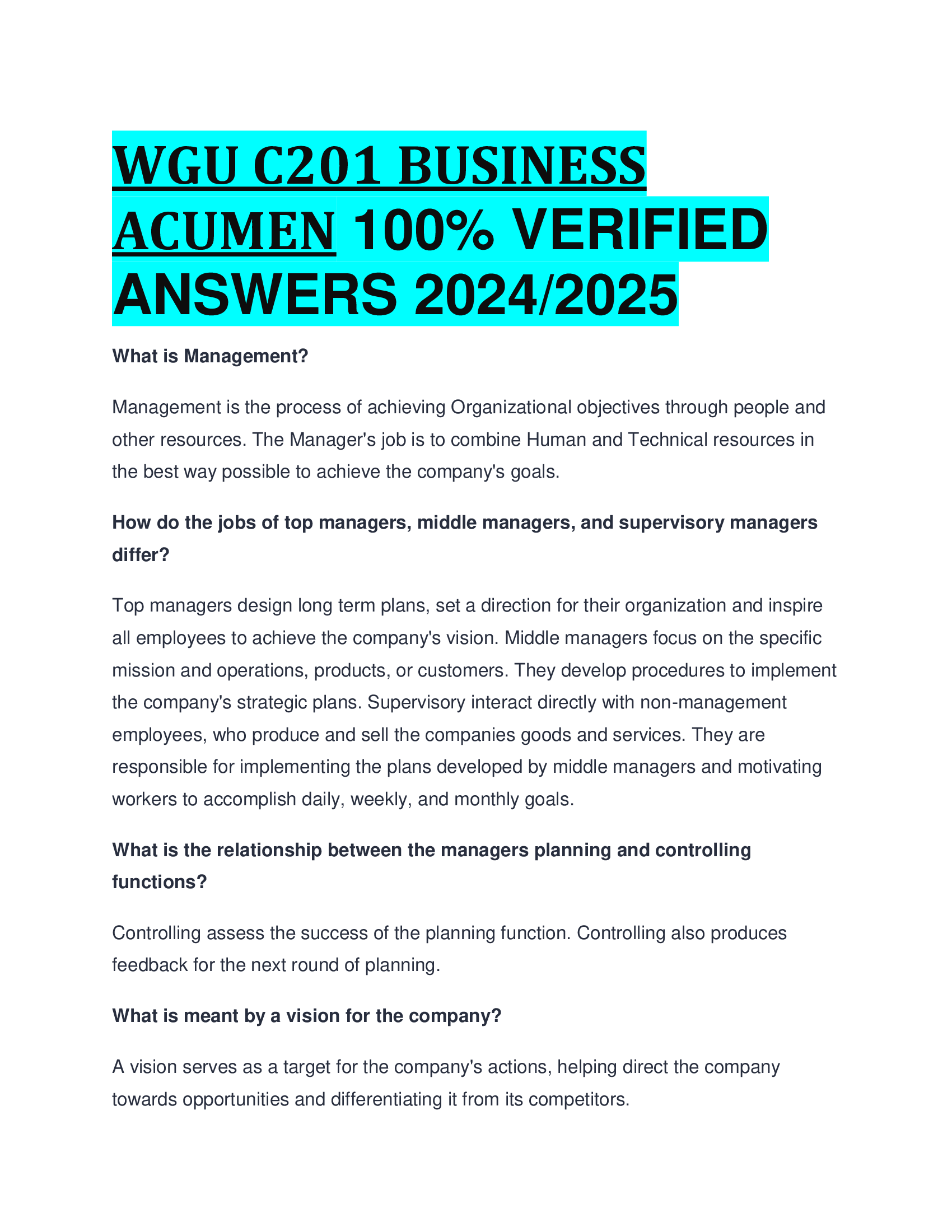 WGU C201 BUSINESS ACUMEN VERIFIED  ANSWERS 20242026