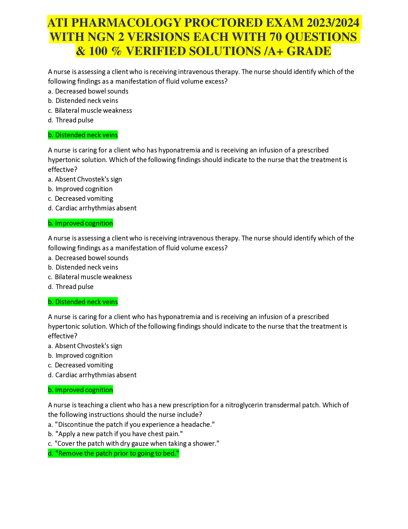 ATI PHARMACOLOGY PROCTORED EXAM 2023, 2024 WITH NGN 2 VERSIONS EACH WITH 70 QUESTIONS &  VERIFIED SOLUTIONS A GRADE