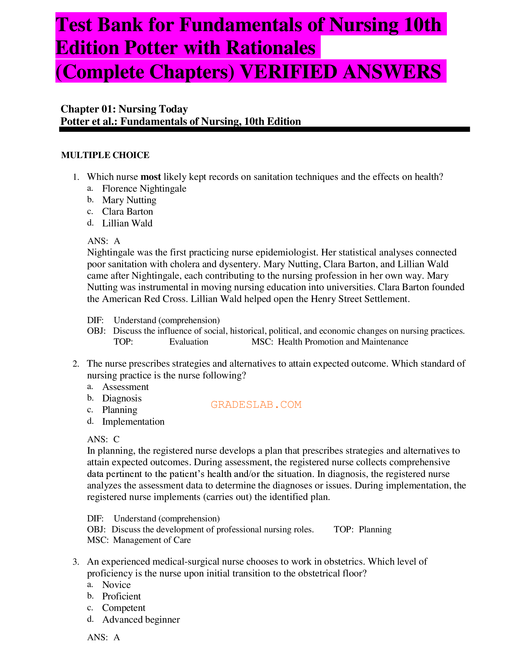 Test Bank for Fundamentals of Nursing 10th  Edition Potter with Rationales  (Complete Chapters) VERIFIED ANSWERS