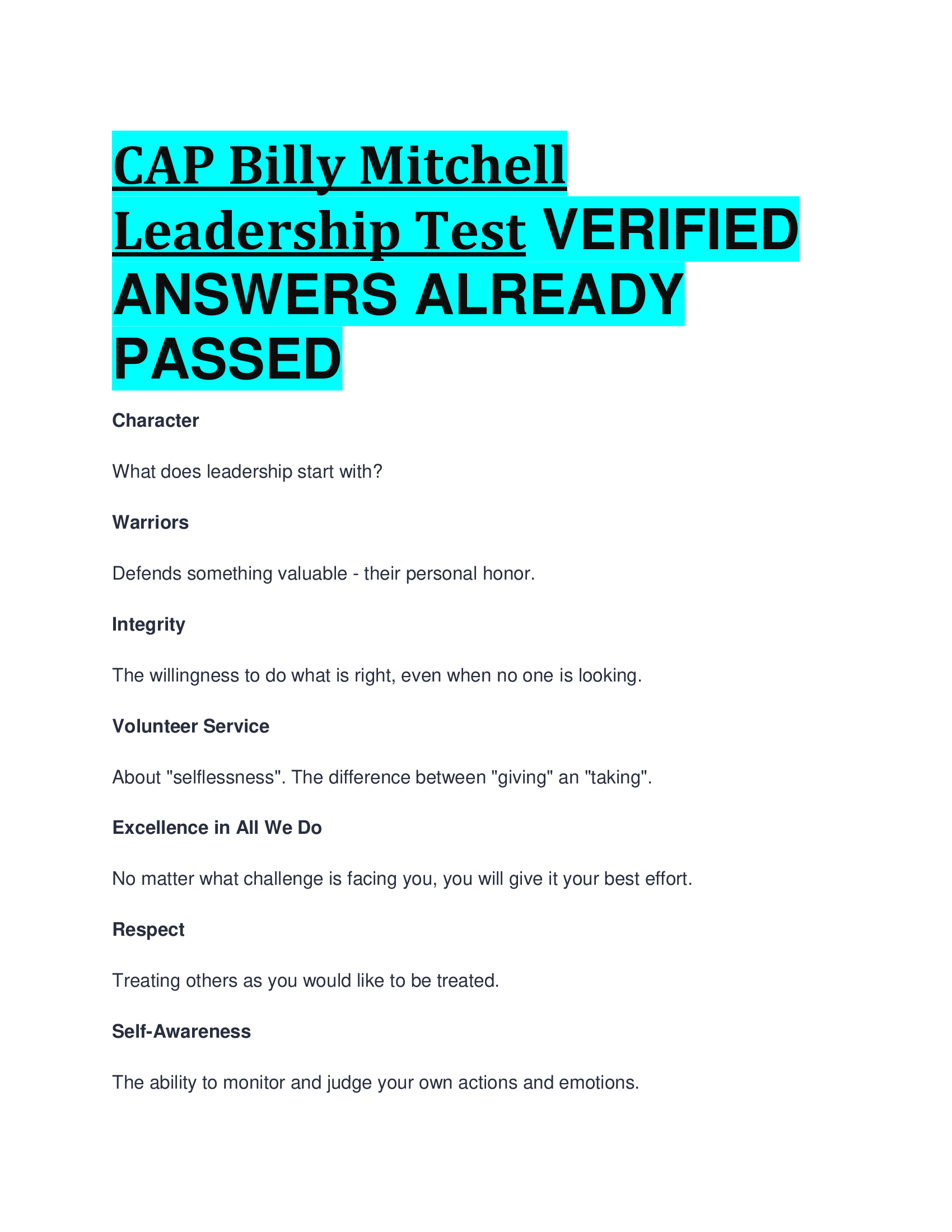 CAP Billy Mitchell Leadership Test VERIFIED  ANSWERS ALREADY  PASSED