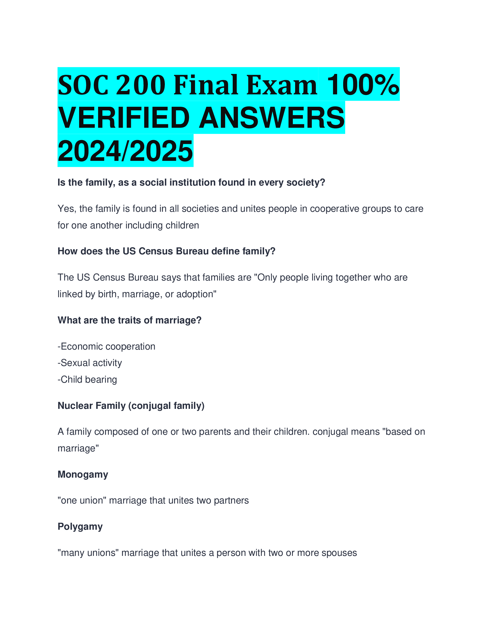 SOC 200 Final Exam VERIFIED ANSWERS  20242026