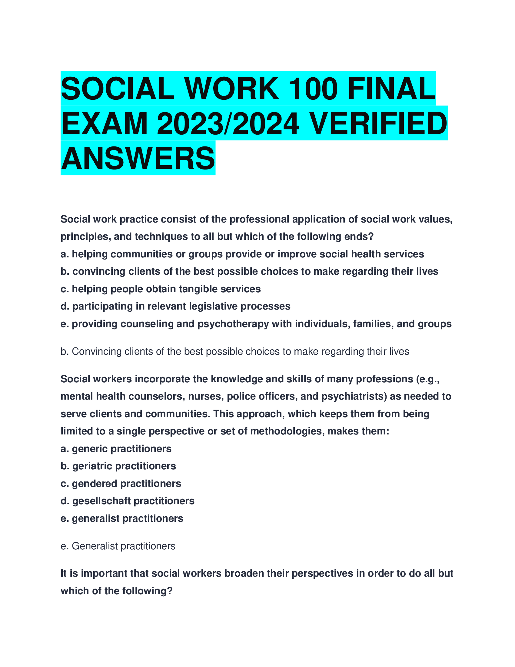 SOCIAL WORK FINAL  EXAM 2023,2024 VERIFIED  ANSWERS