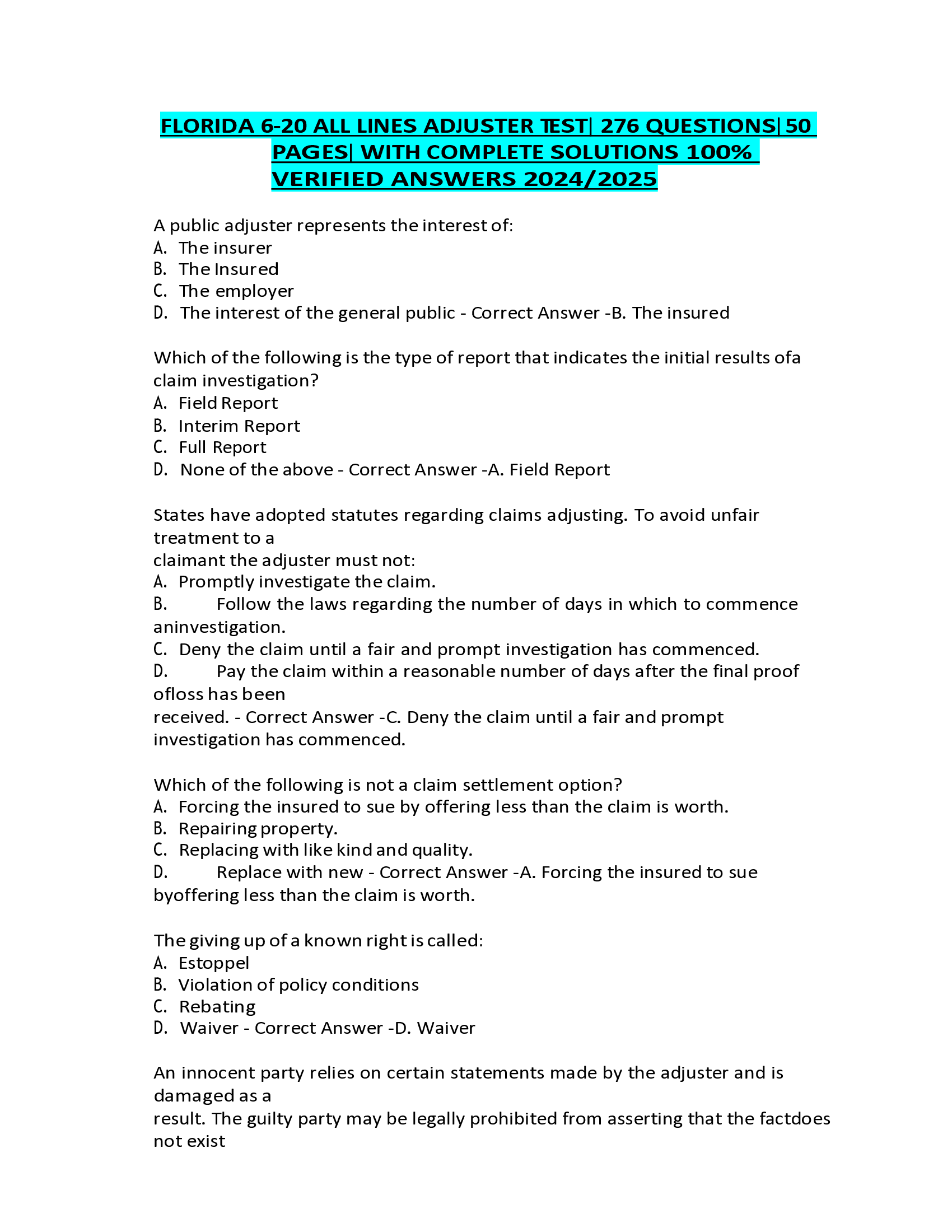FLORIDA 6-20 ALL LINES ADJUSTER TEST| 276 QUESTIONS| 50 PAGESWITH COMPLETE SOLUTIONS VERIFIED ANSWERS 20242026