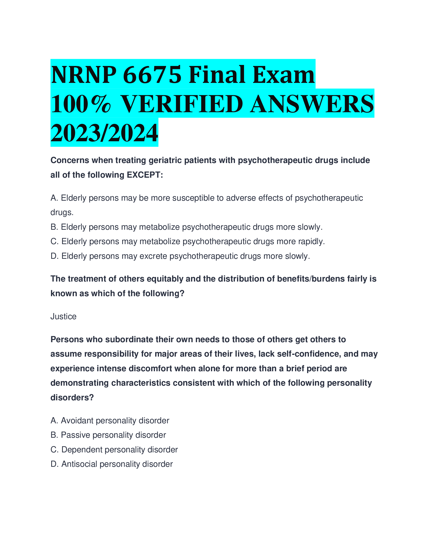 NRNP 6675 Final Exam VERIFIED ANSWERS  2023,2024