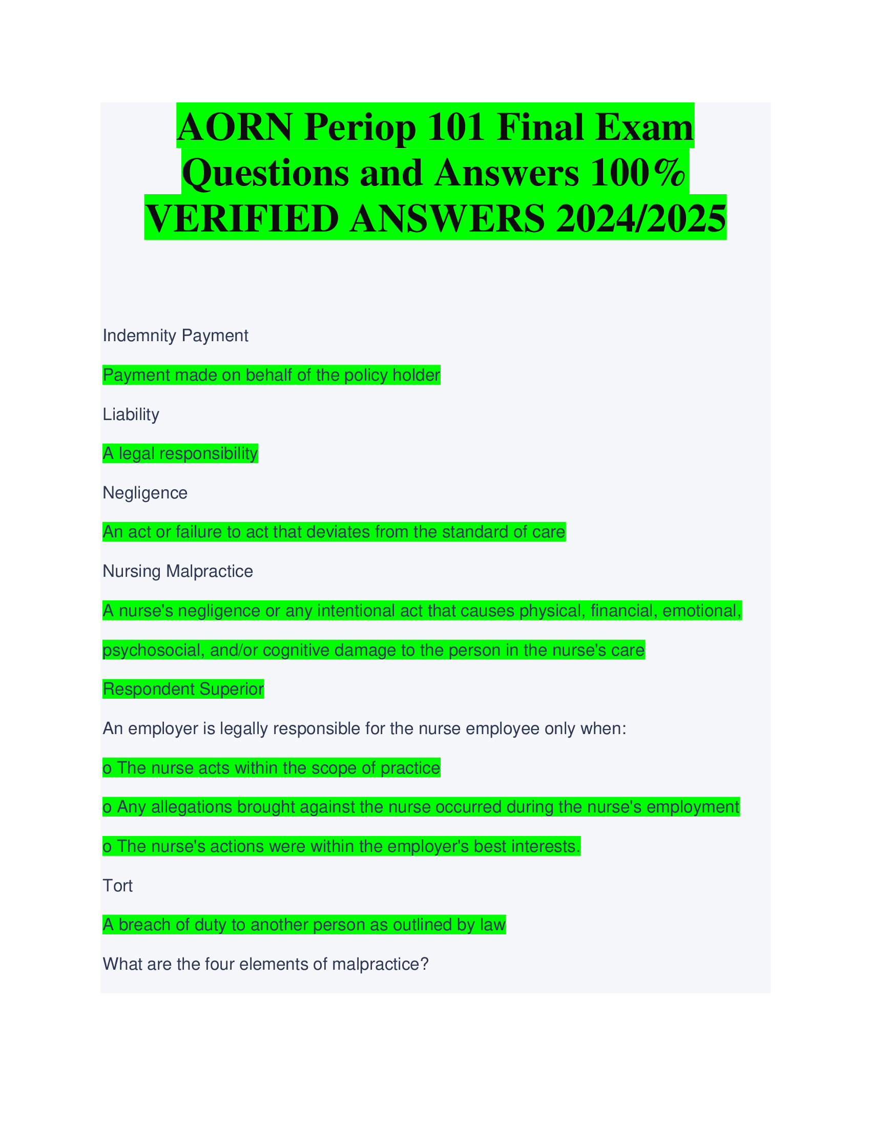 AORN Periop 101 Final Exam  Questions and Answers  VERIFIED ANSWERS 2024,2026