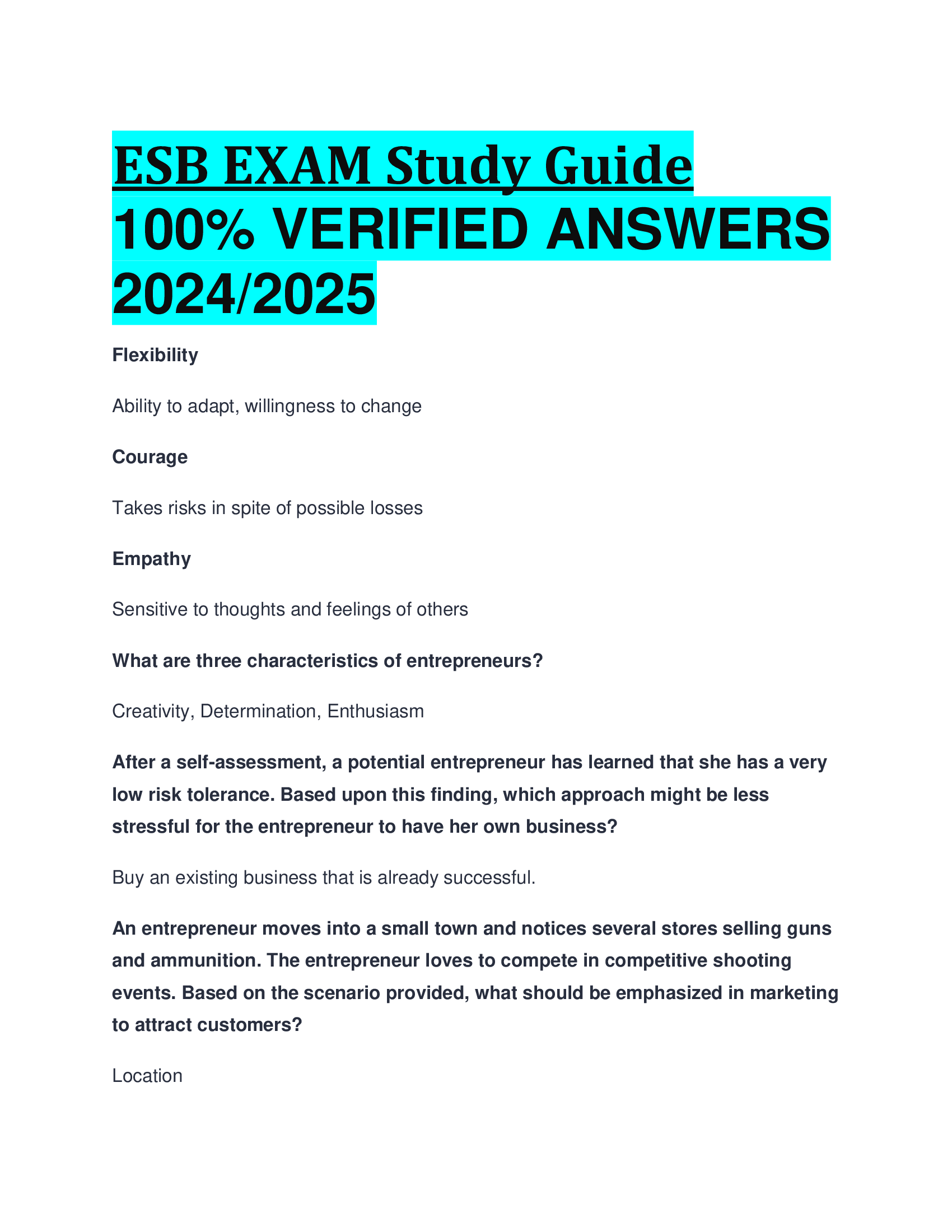 ESB EXAM Study Guide VERIFIED ANSWERS  20242026