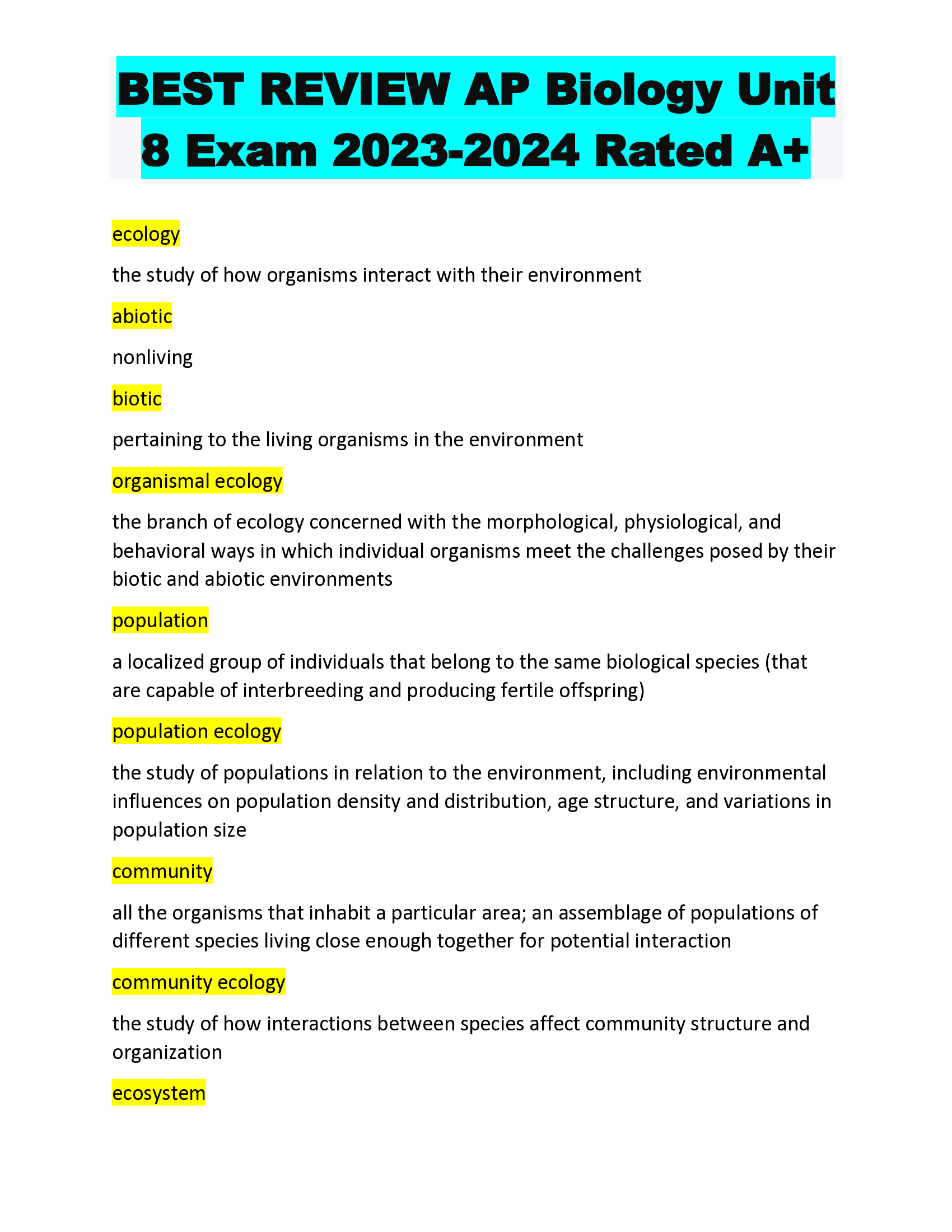 BEST REVIEW AP Biology Unit  8 Exam 2023-2024 Rated A