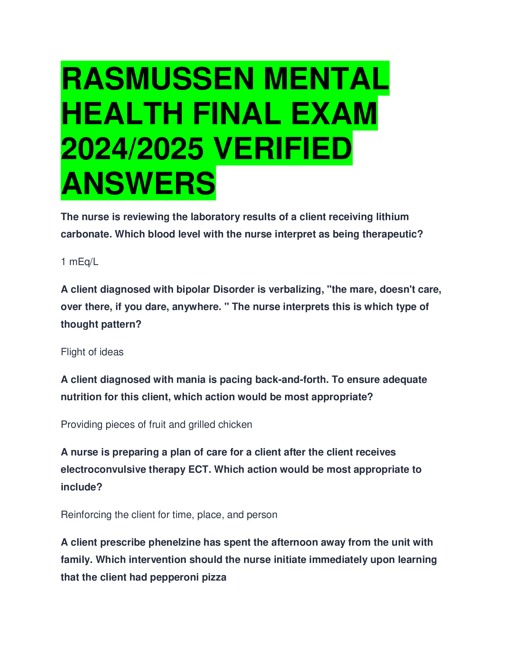 RASMUSSEN MENTAL  HEALTH FINAL EXAM 2024,2026 VERIFIED  ANSWERS