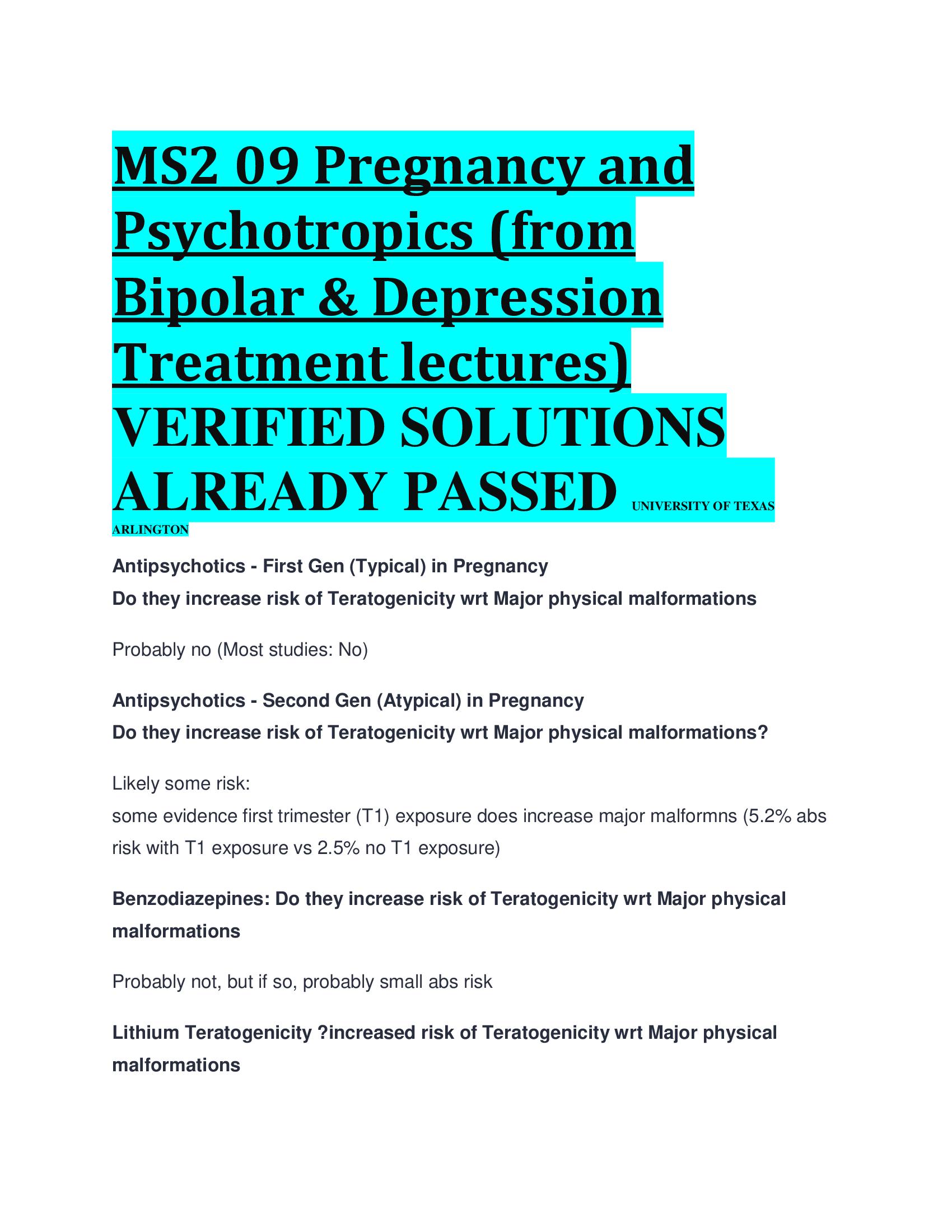 MS2 09 Pregnancy and Psychotropics (from Bipolar & Depression Treatment lectures) VERIFIED SOLUTIONS  ALREADY PASSED UNIVERSITY OF TEXAS  ARLINGTON