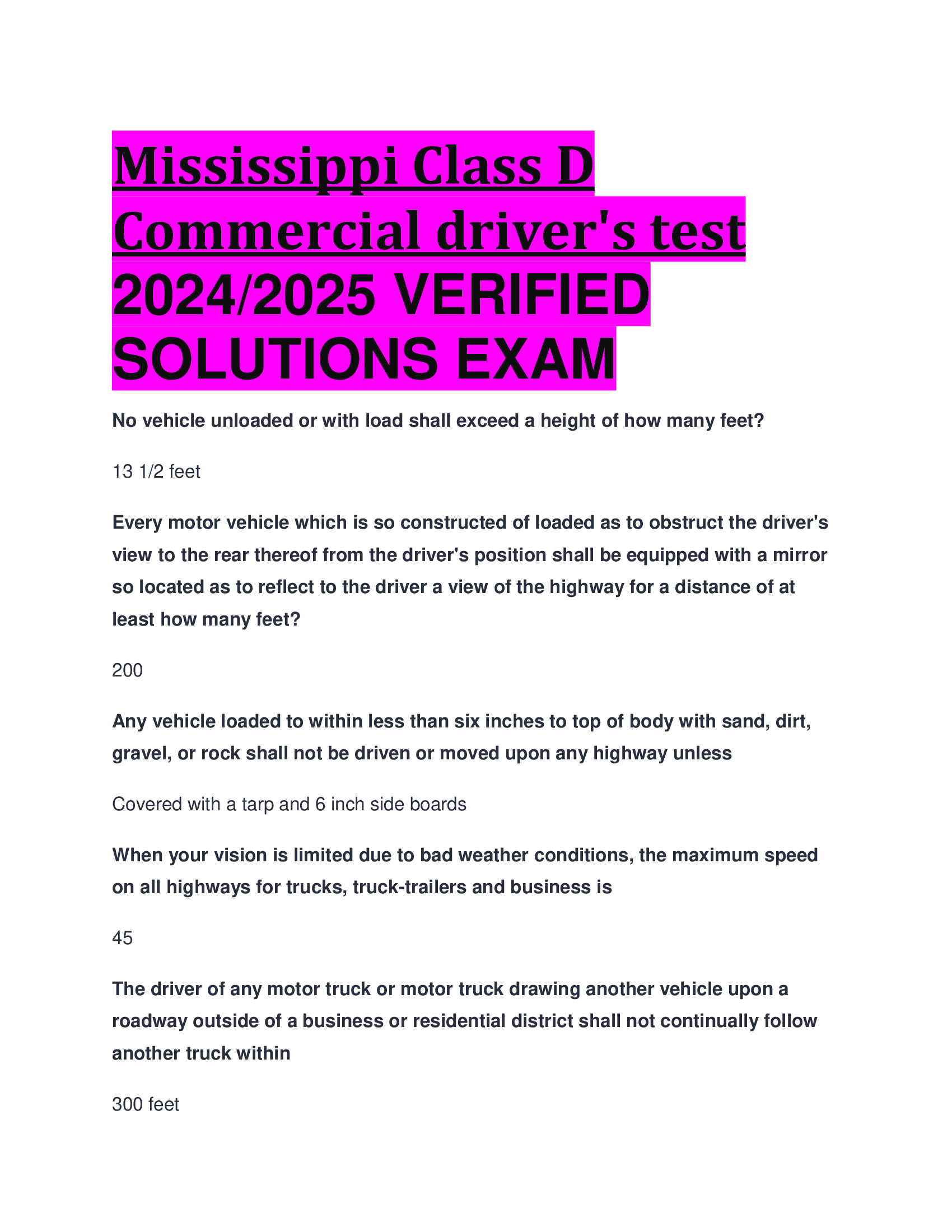 BEST ANSWERS Mississippi Class D Commercial drivers test 2024, 2026 VERIFIED  SOLUTIONS EXAM