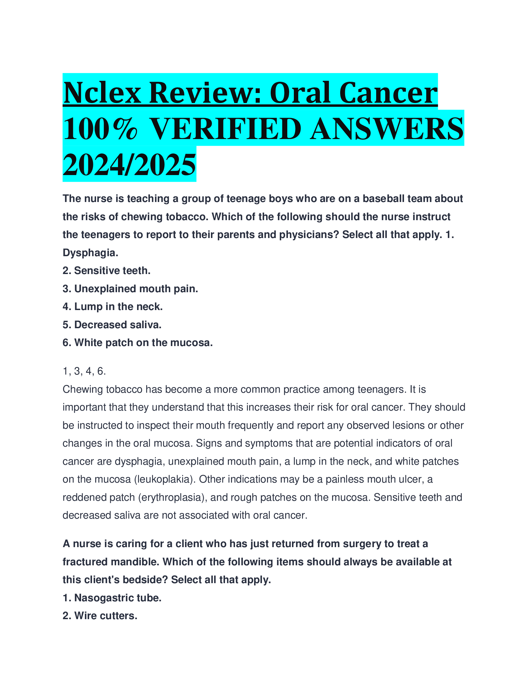 Nclex Review: Oral Cancer VERIFIED ANSWERS  20242026