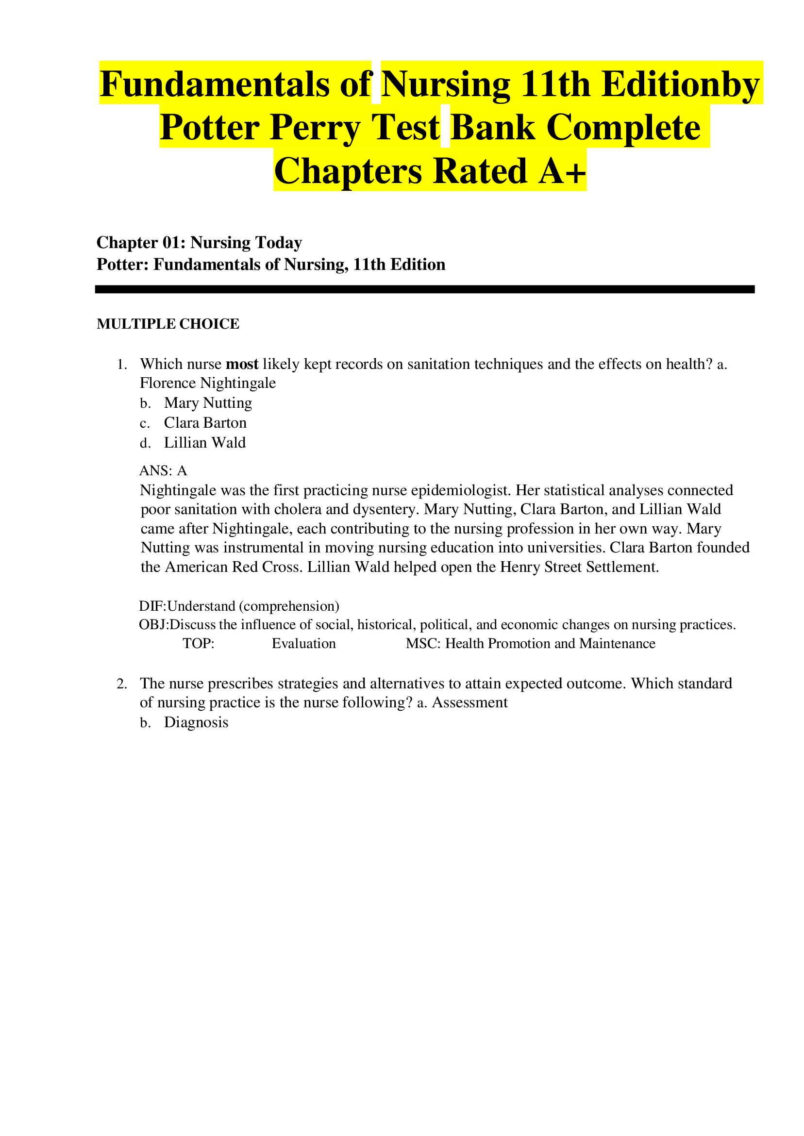 Fundamentals of Nursing 11th Editionby  Potter Perry Test Bank Complete  Chapters Rated A