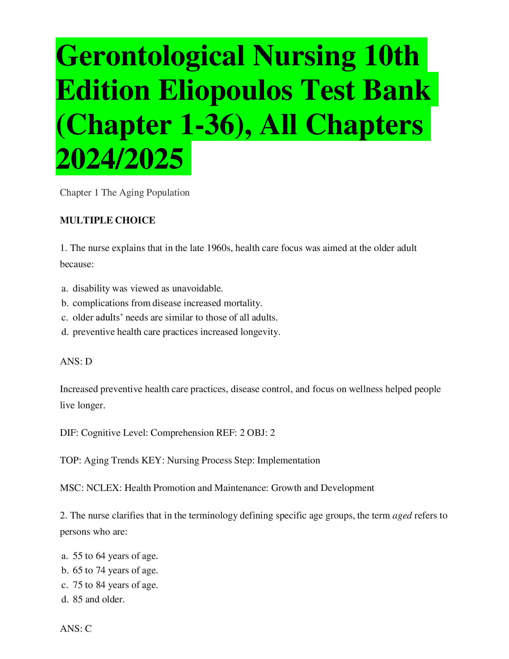 Gerontological Nursing 10th  Edition Eliopoulos Test Bank  (Chapter 1-36), All Chapters