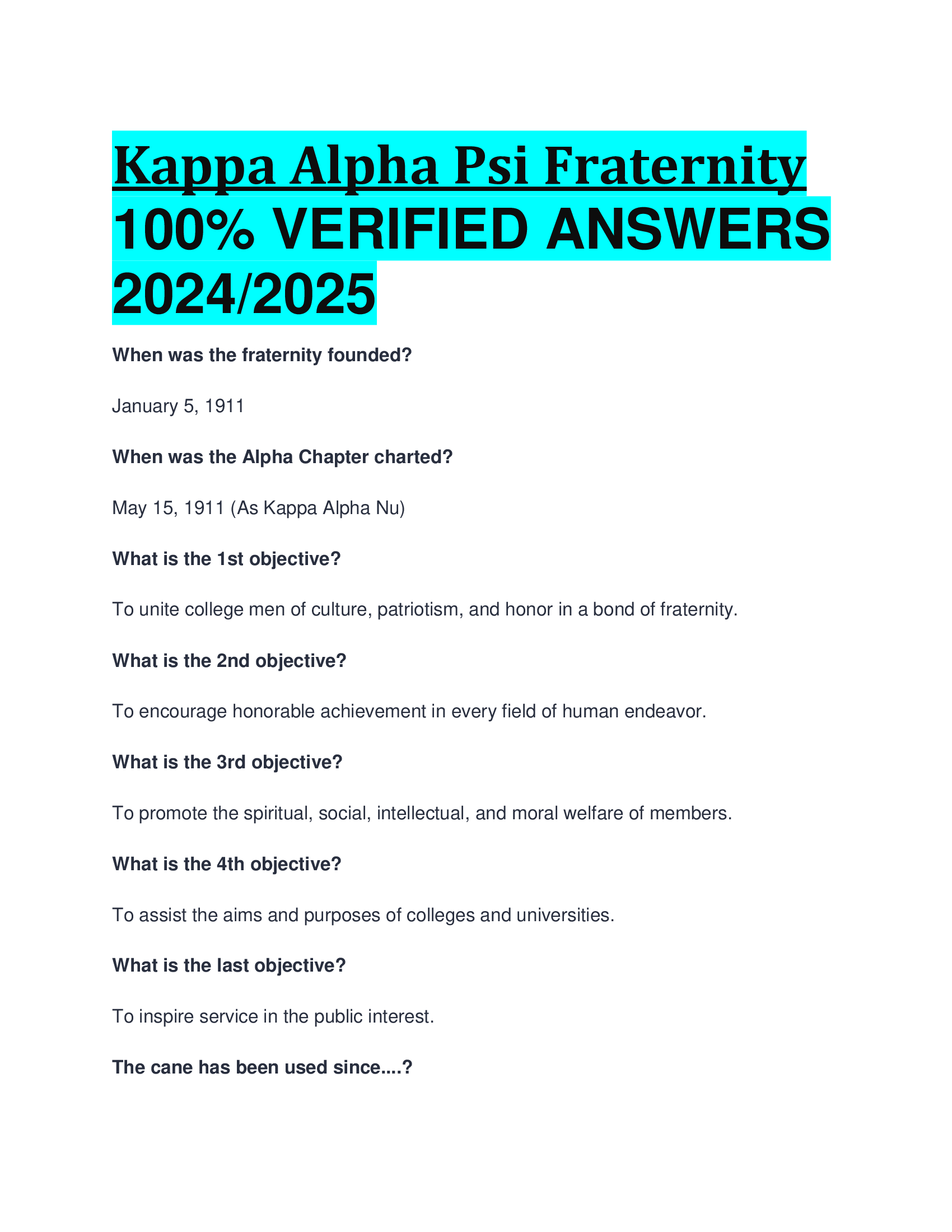 Kappa Alpha Psi Fraternity VERIFIED ANSWERS  20242026