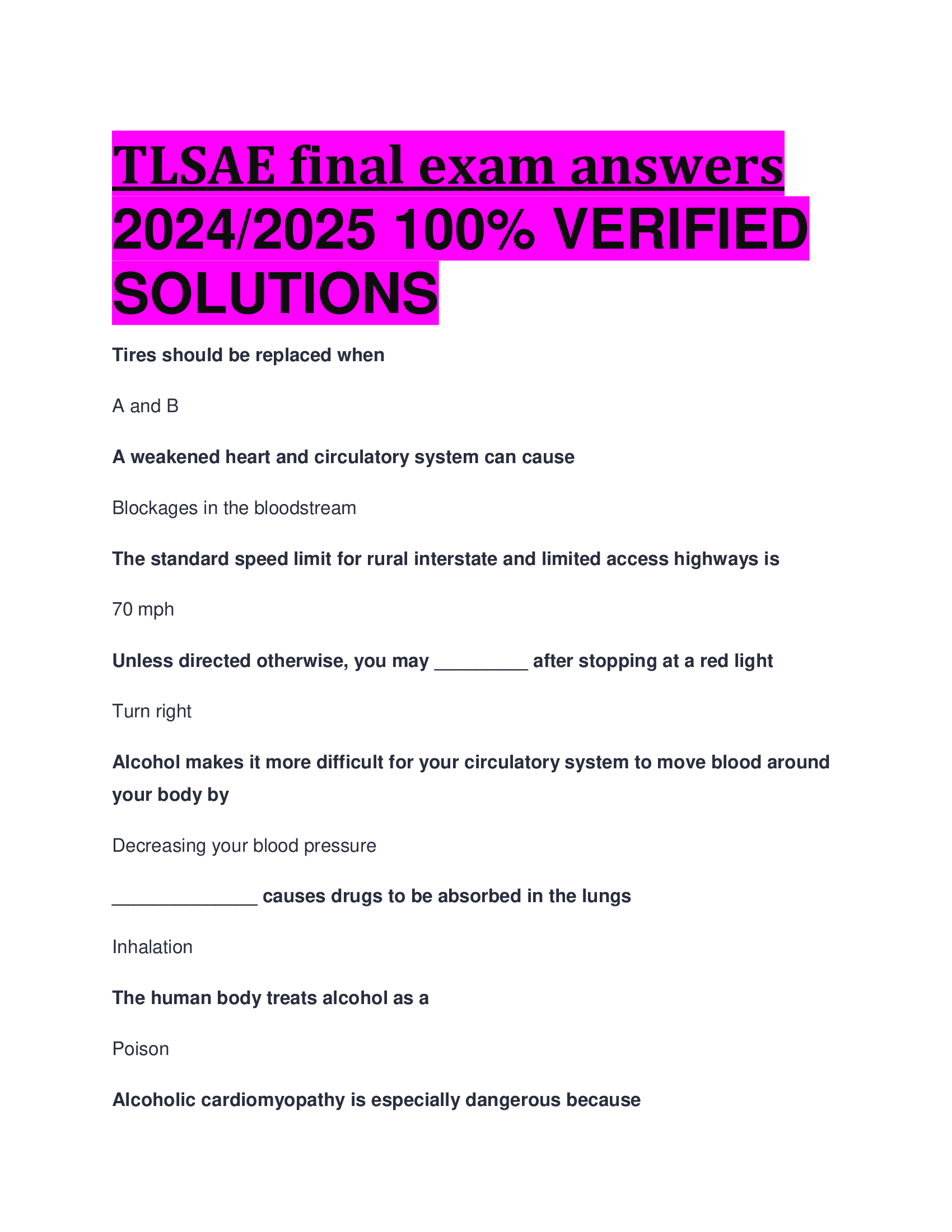 BEST ANSWERS TLSAE final exam answers 2024, 2026 100 Percent VERIFIED  SOLUTIONS