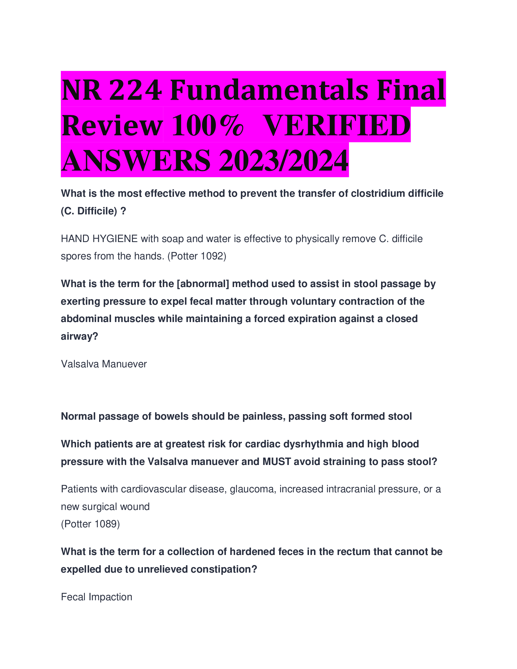 NR 224 Fundamentals Final Review  VERIFIED  ANSWERS 2023,2024