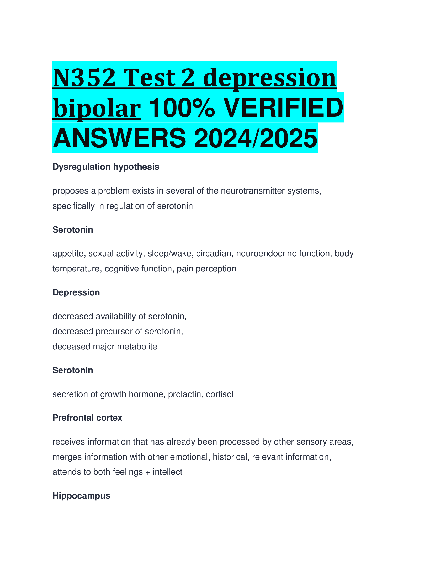 N352 Test 2 depression bipolar VERIFIED  ANSWERS 20242026