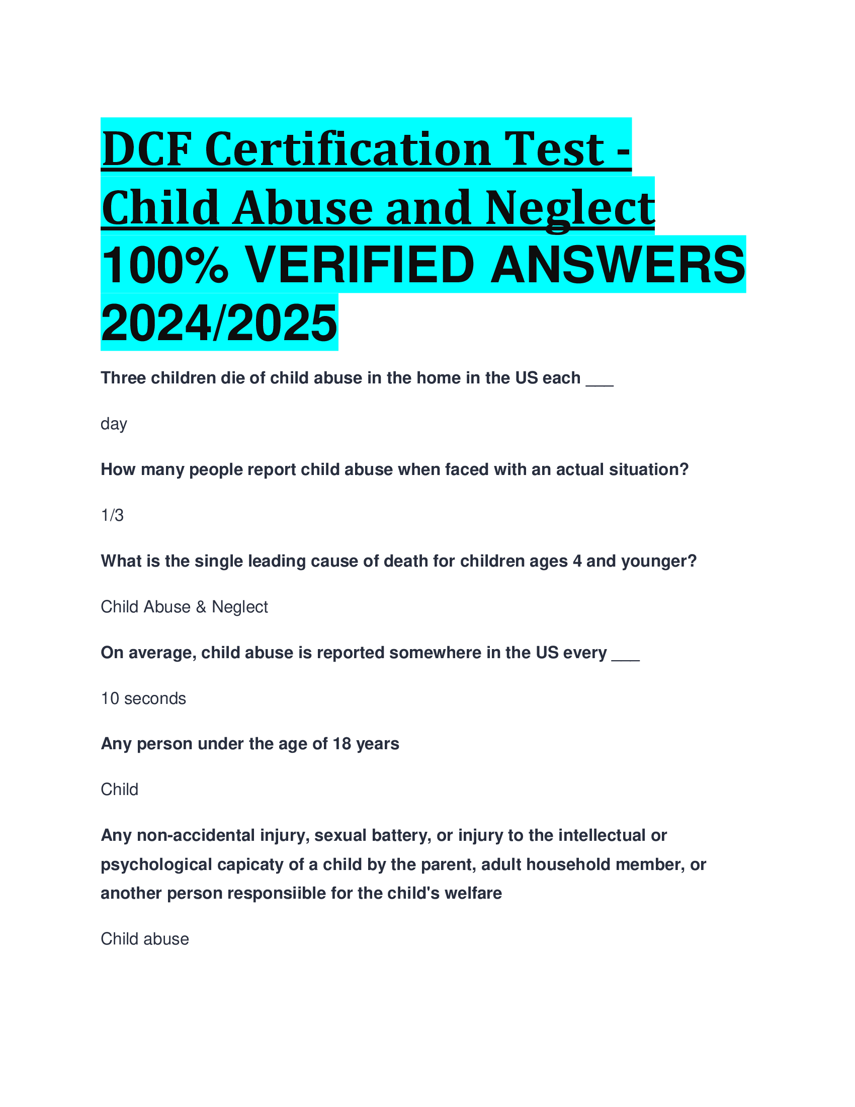 DCF Certification Test - Child Abuse and Neglect VERIFIED ANSWERS  20242026
