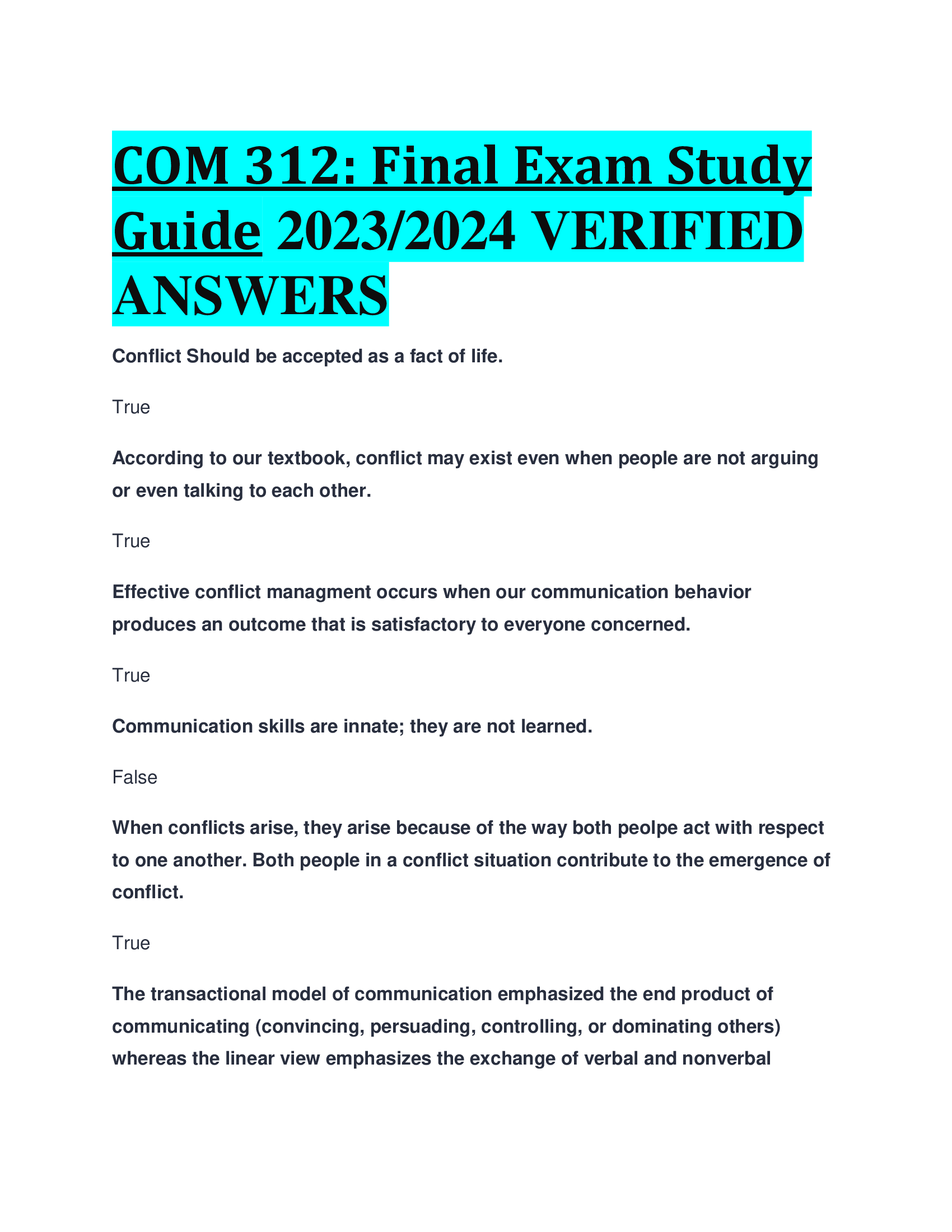 COM 312: Final Exam Study Guide 2023,2024 VERIFIED  ANSWERS