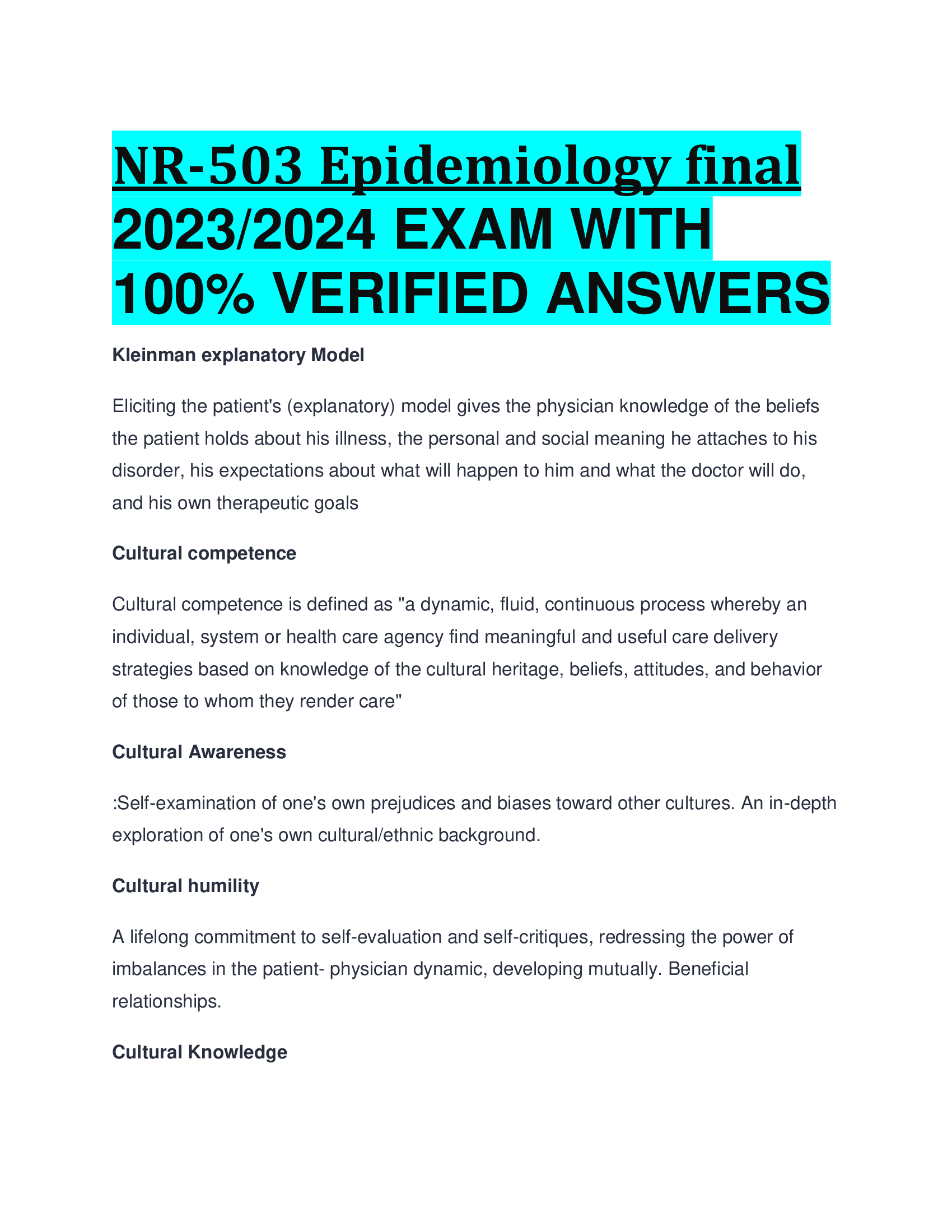 NR-503 Epidemiology final 2023,2024 EXAM WITH VERIFIED ANSWERS