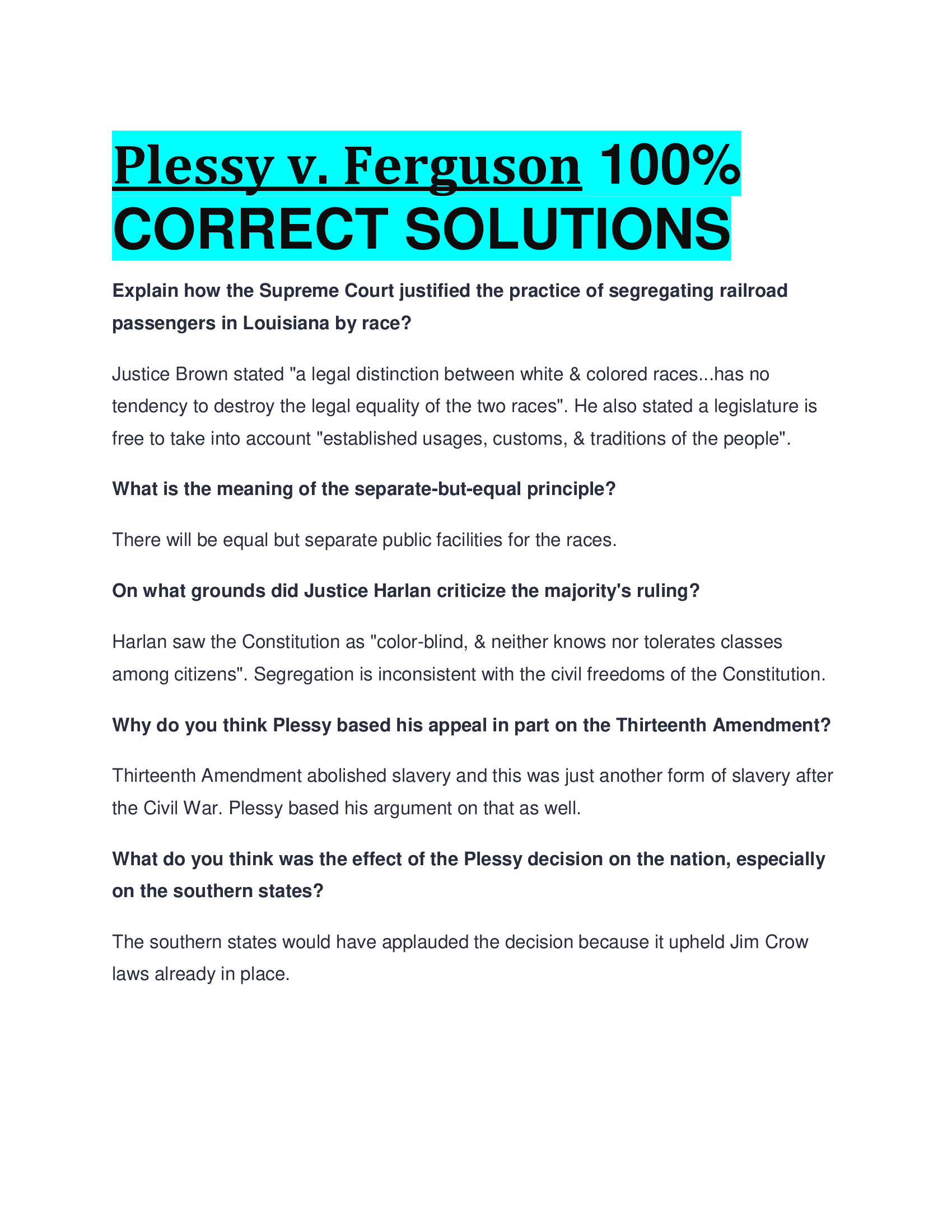 Plessy v. Ferguson CORRECT SOLUTIONS 2024