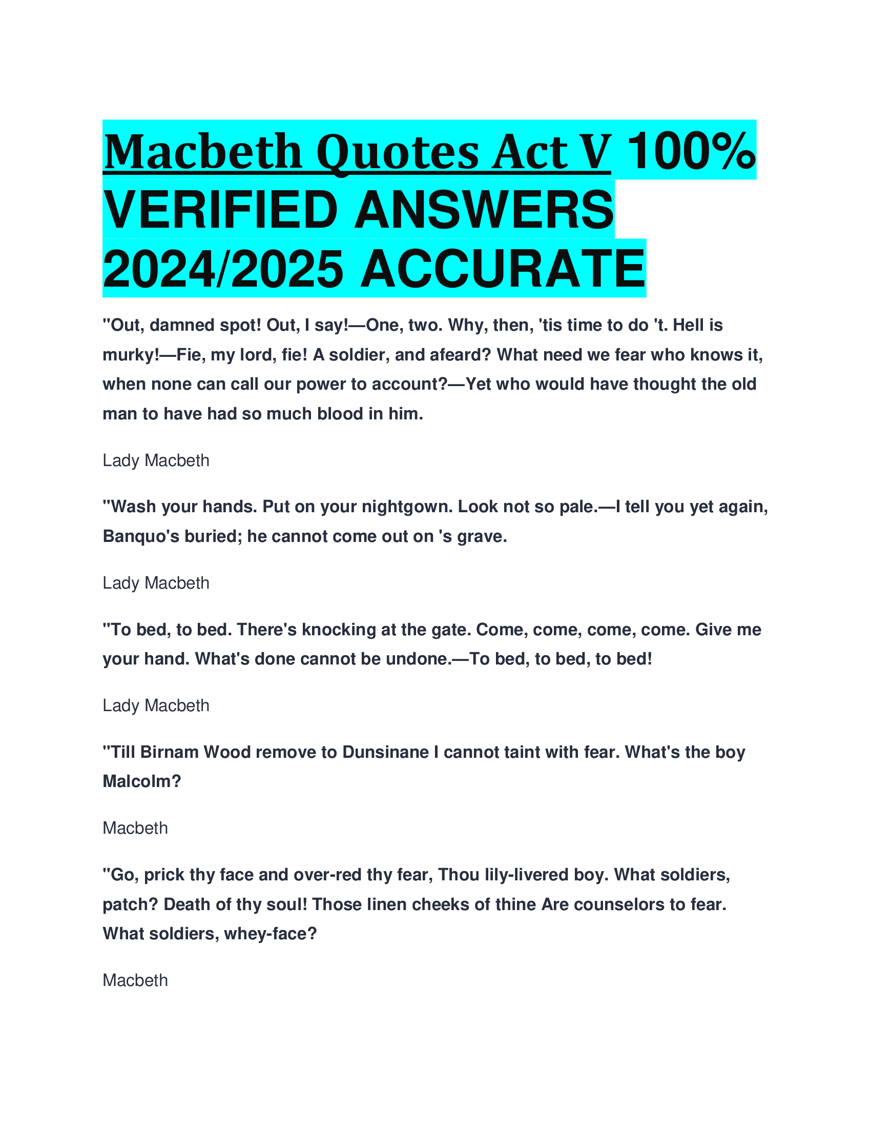 Macbeth Quotes Act V VERIFIED ANSWERS  20242026 ACCURATE
