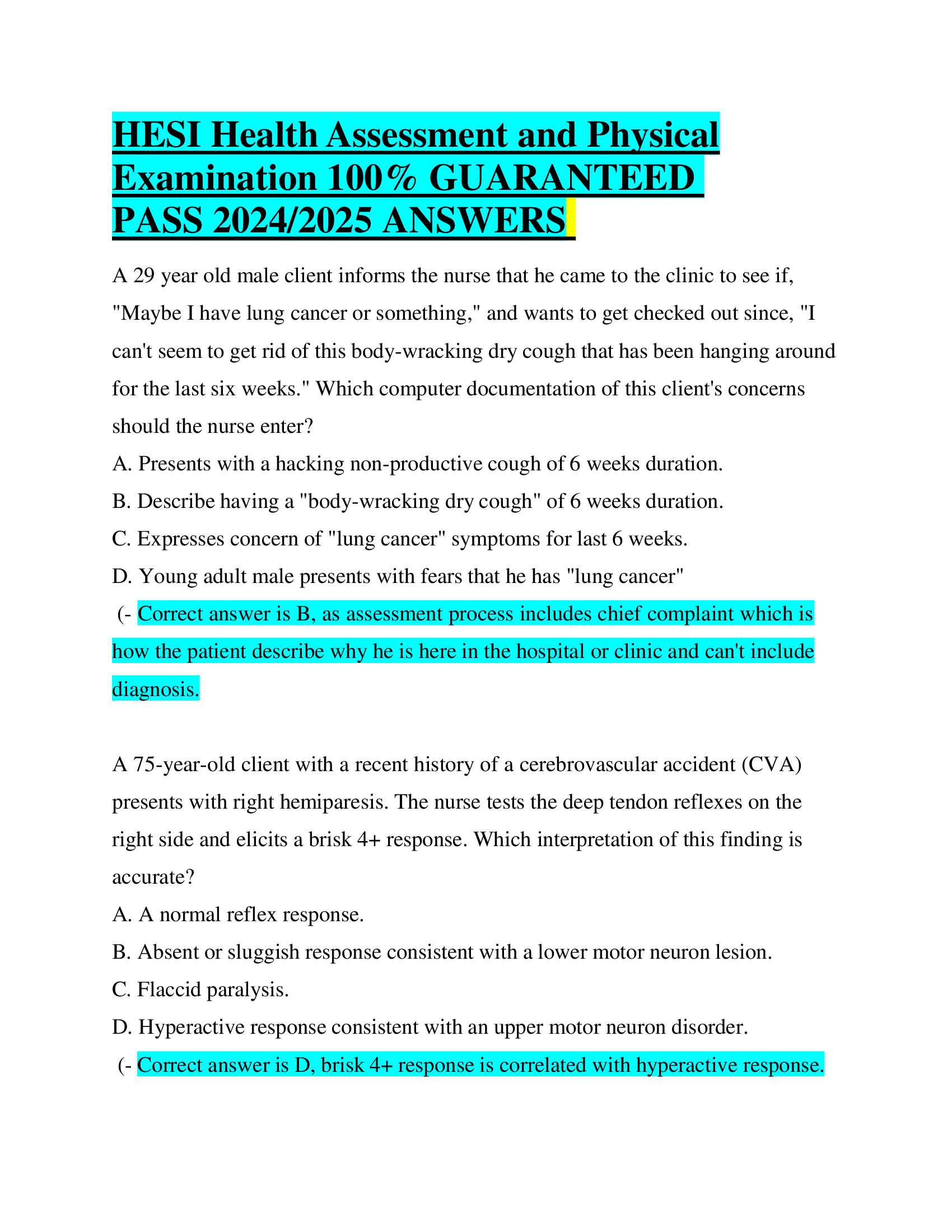 HESI Health Assessment and Physical Examination GUARANTEED  PASS 20242026 ANSWERS