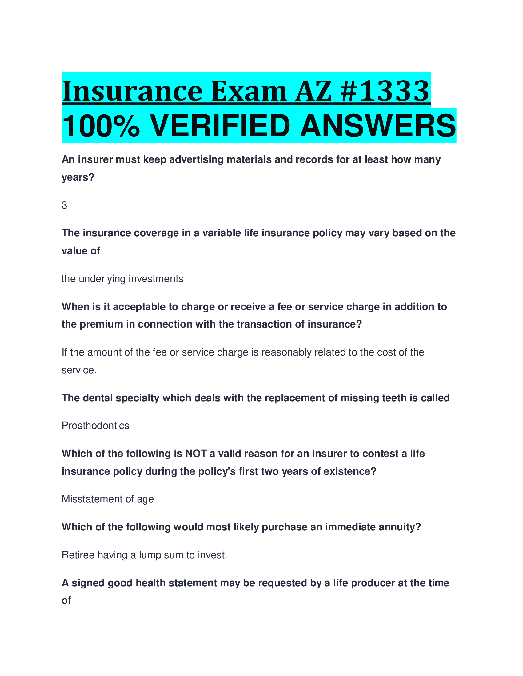 Insurance Exam AZ 1333 VERIFIED ANSWERS