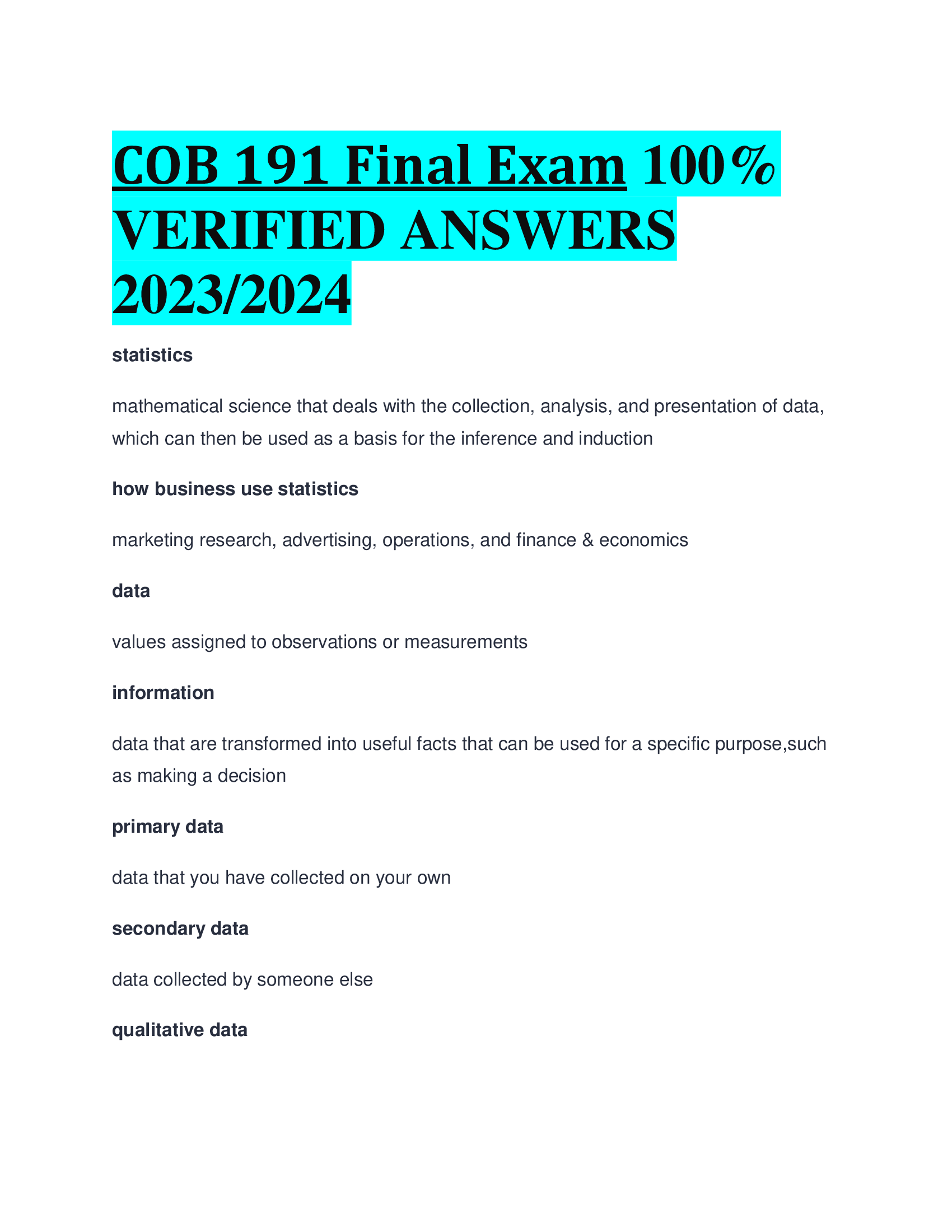 COB 191 Final Exam VERIFIED ANSWERS  2023,2024
