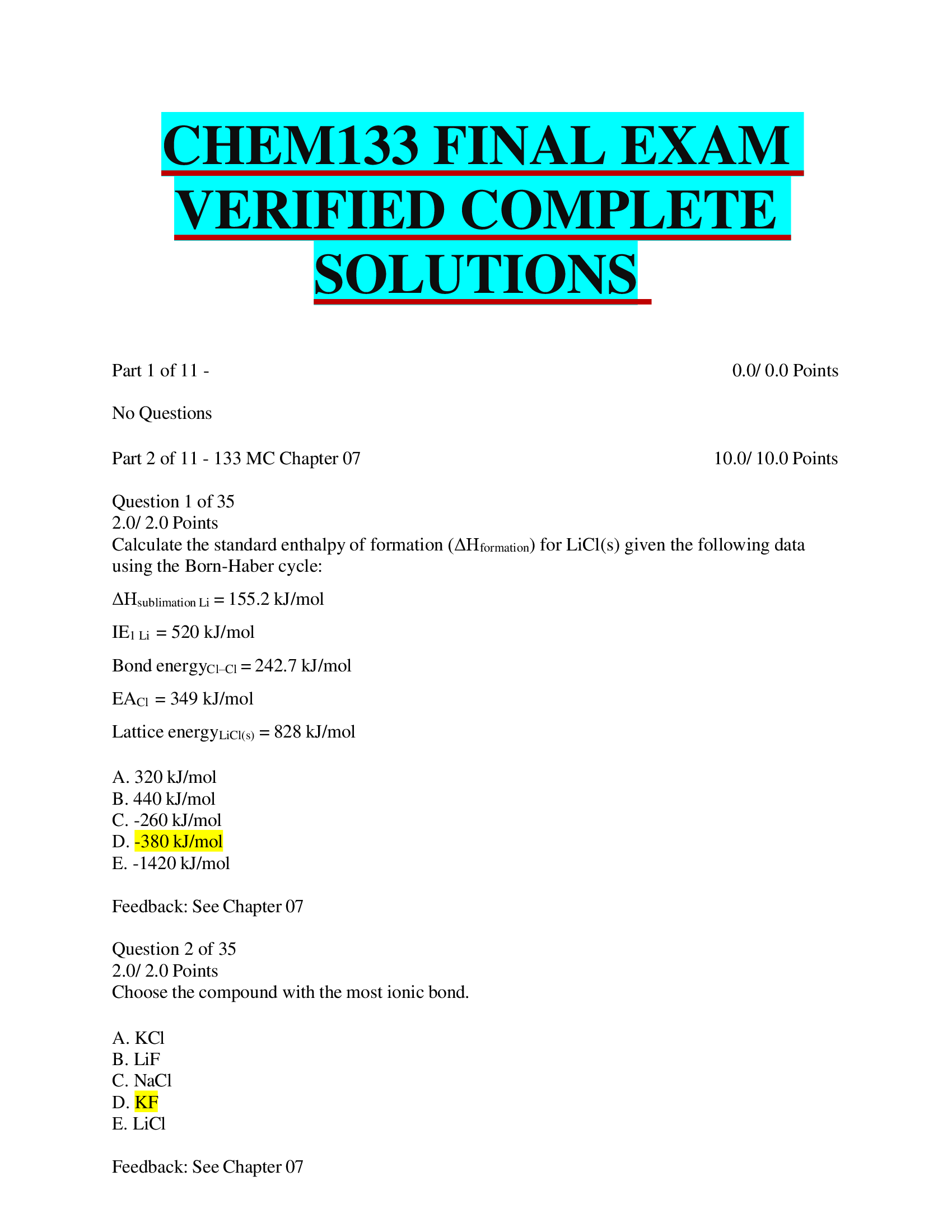 CHEM133 FINAL EXAM VERIFIED COMPLETE  SOLUTIONS