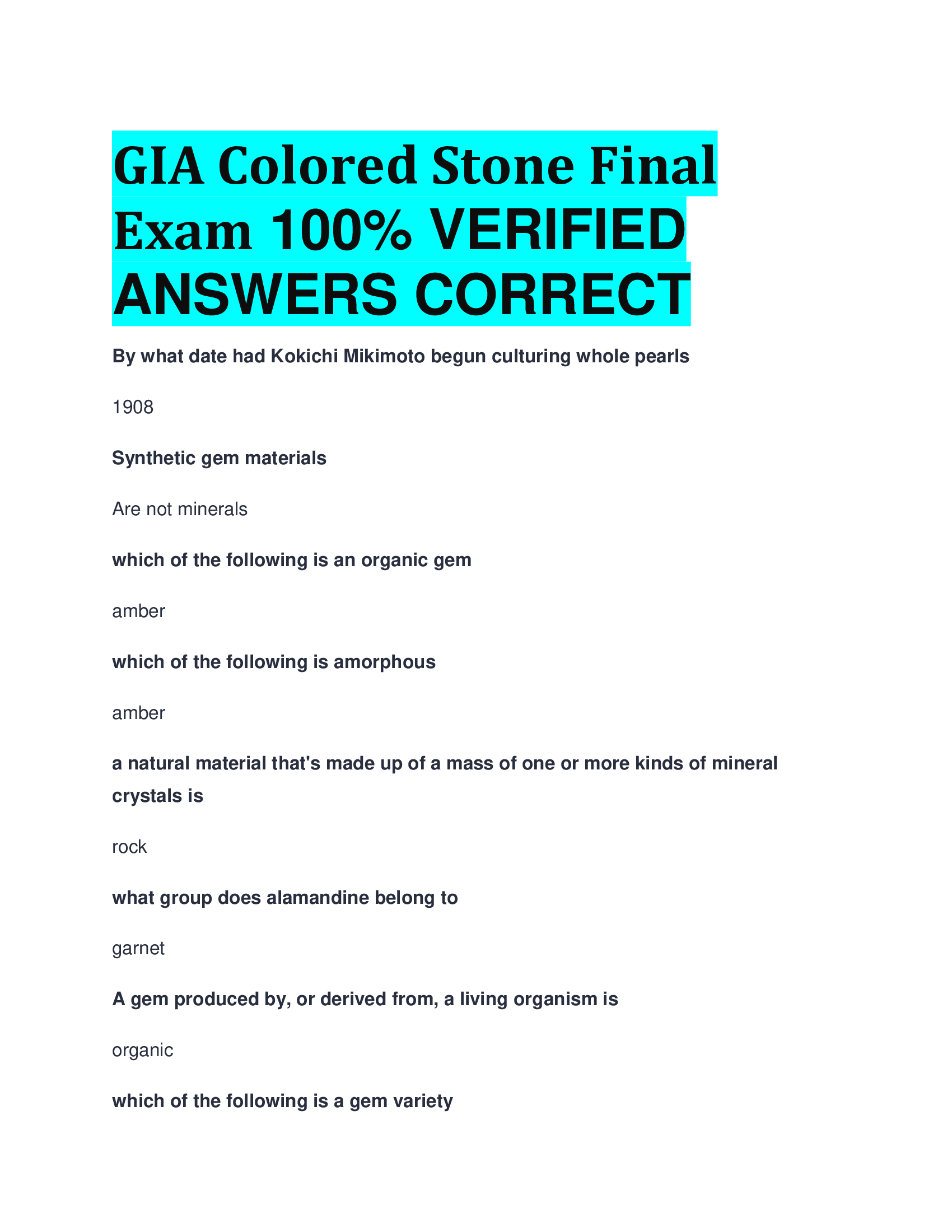 GIA Colored Stone Final Exam  VERIFIED  ANSWERS CORRECT