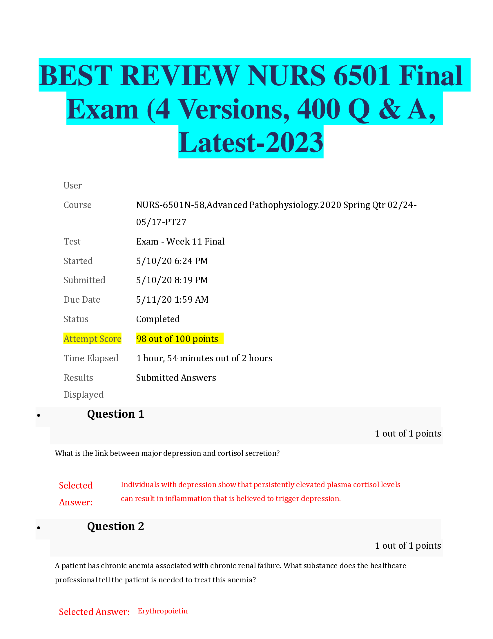 BEST REVIEW NURS 6501 Final  Exam (4 Versions, 400 Q & A,  Latest-2023,2024 UPDATED