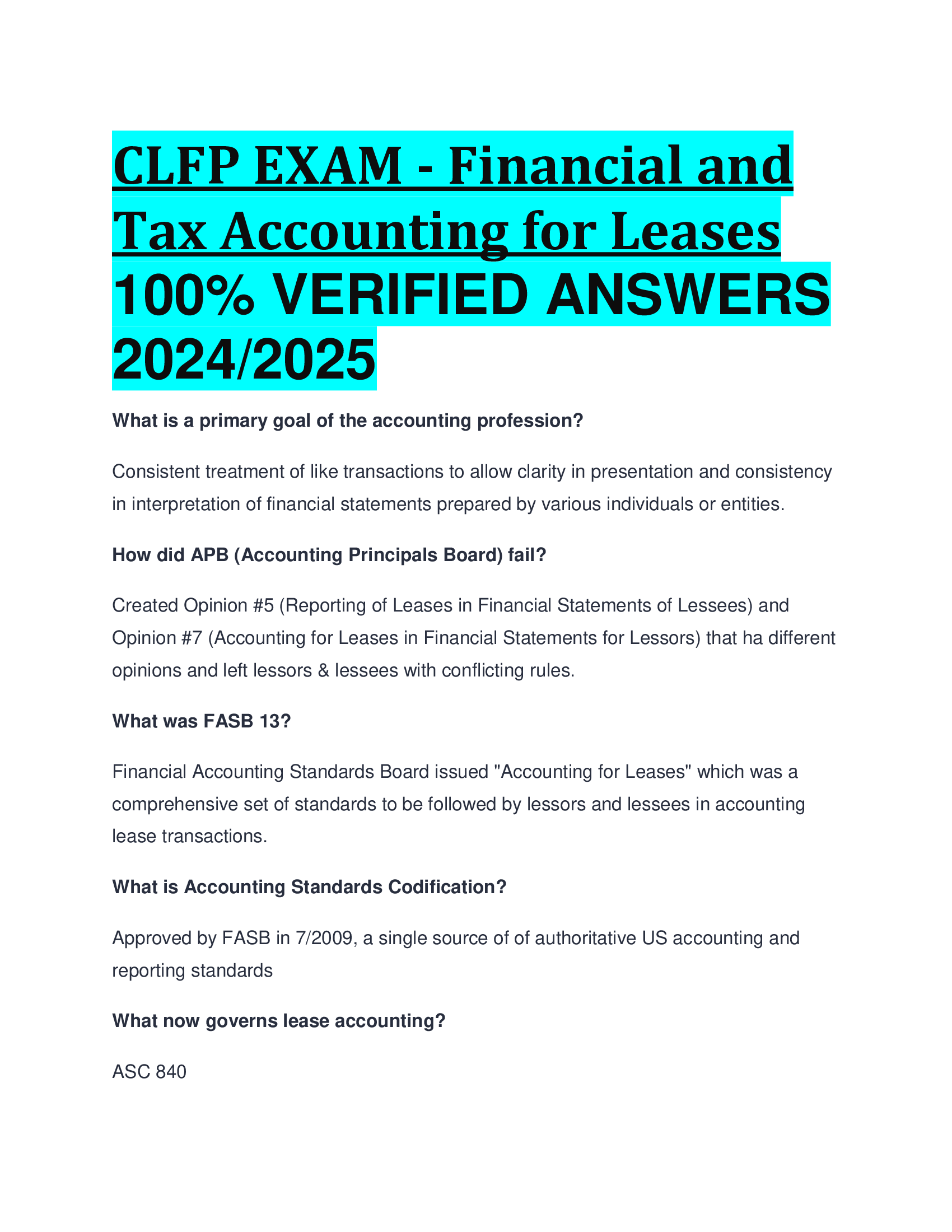 CLFP EXAM - Financial and Tax Accounting for Leases VERIFIED ANSWERS  20242026