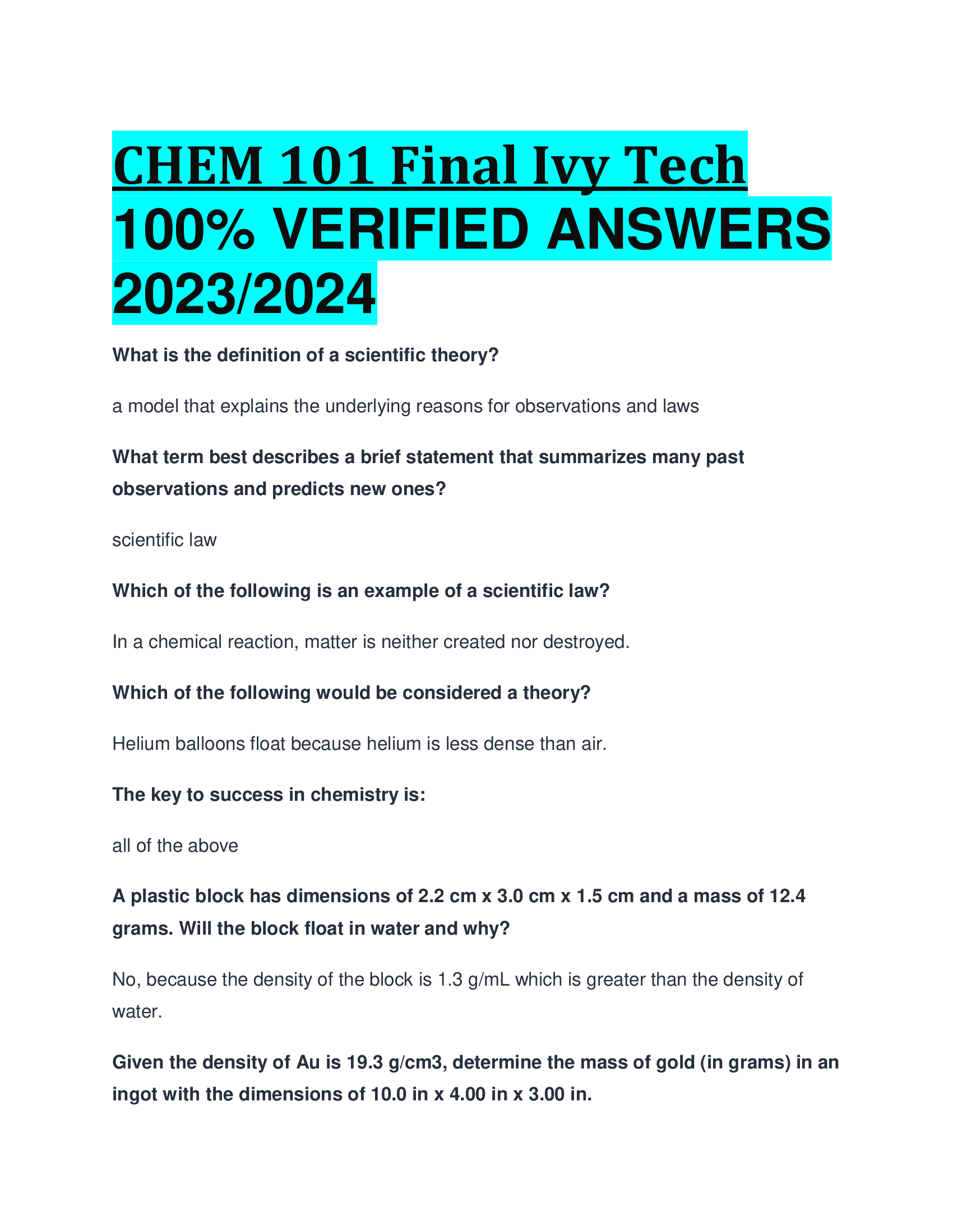 CHEM 101 Final Ivy Tech  VERIFIED ANSWERS  2023,2024