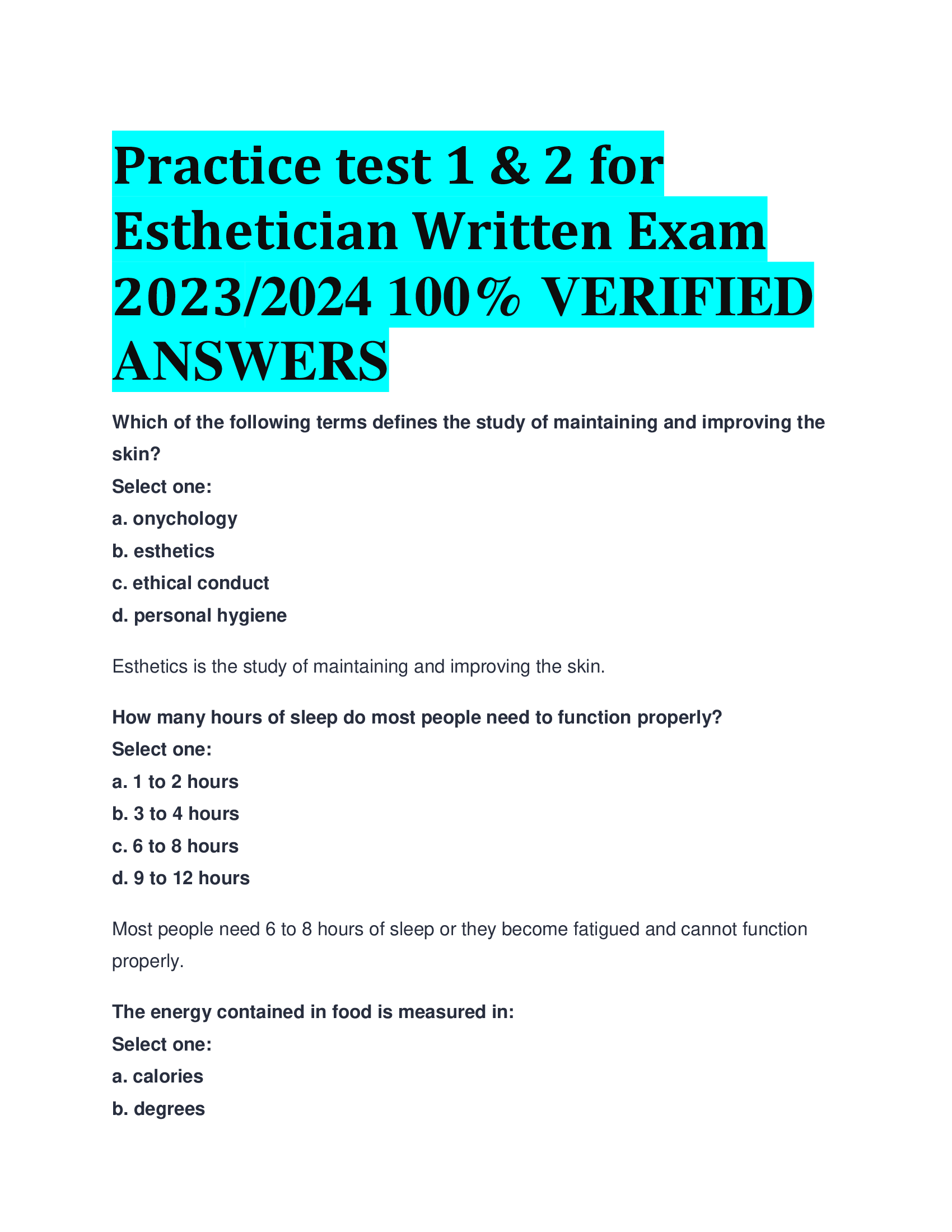 Practice test 1 & 2 for Esthetician Written Exam 20232024 VERIFIED  ANSWERS