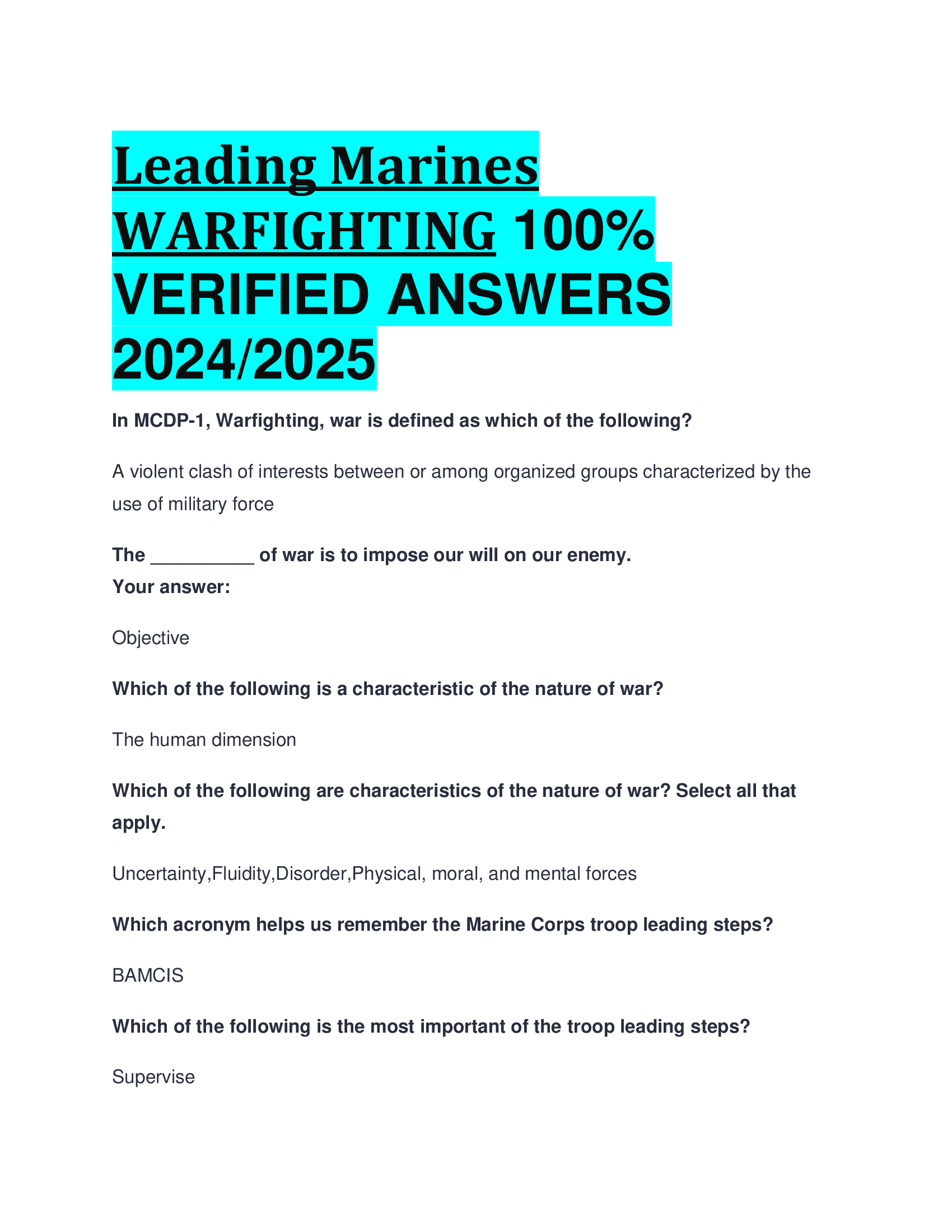 Leading Marines WARFIGHTING VERIFIED ANSWERS  20242026