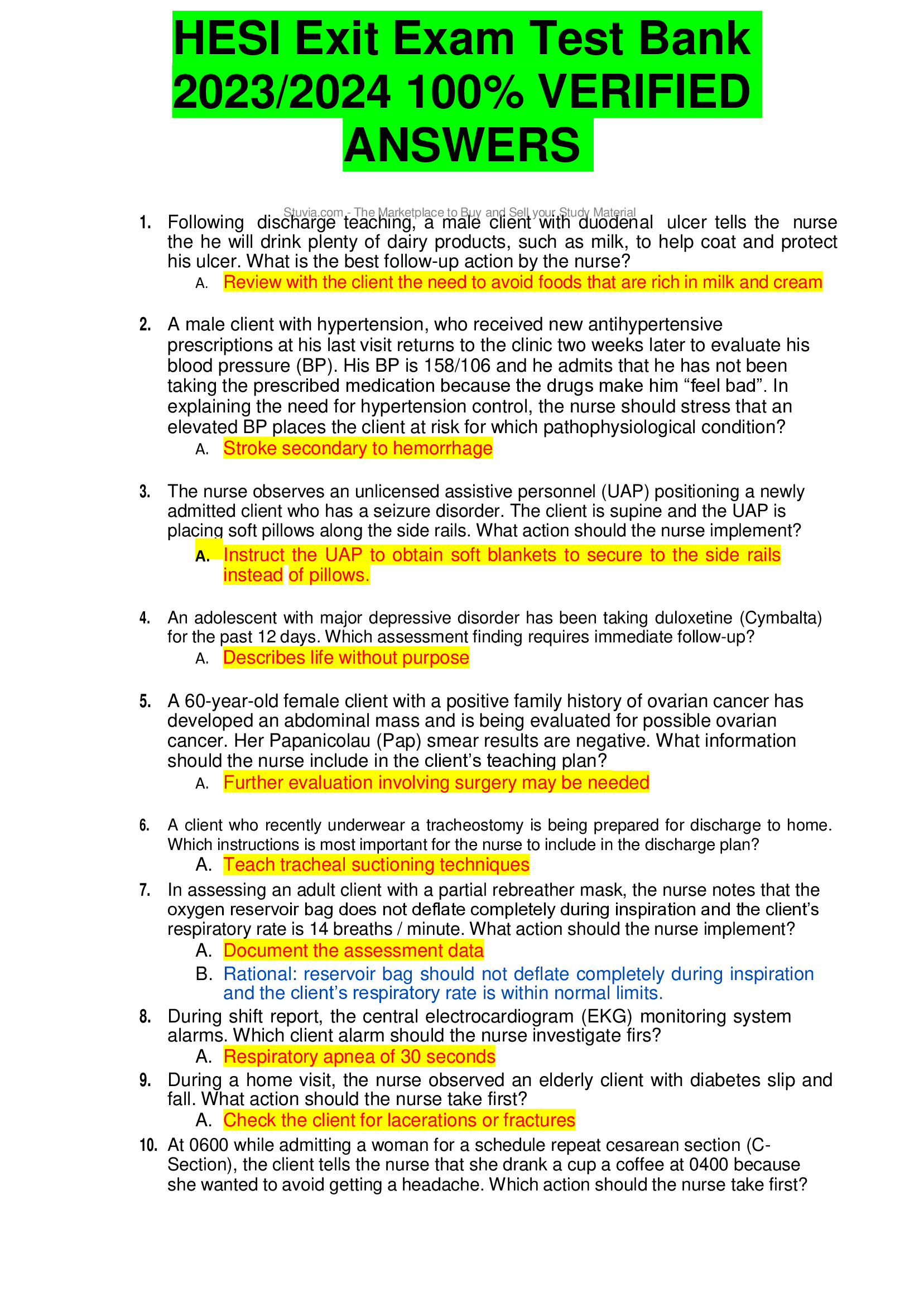 HESI Exit Exam Test Bank  2023,2024  VERIFIED  ANSWERS