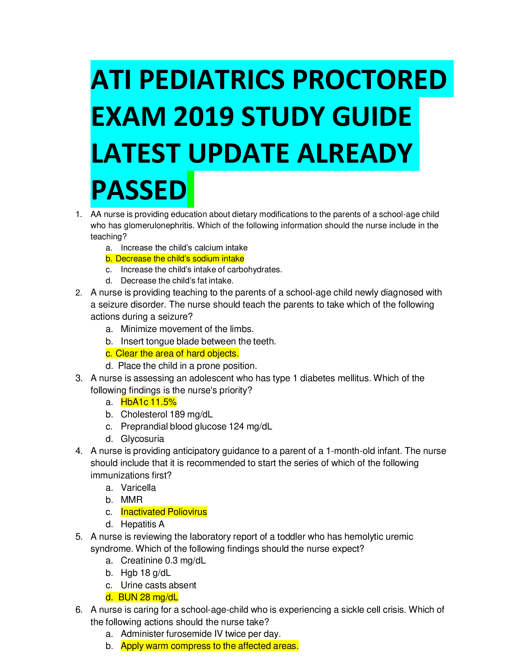 ATI PEDIATRICS PROCTORED EXAM 2019 STUDY GUIDE LATEST UPDATE ALREADY  PASSED